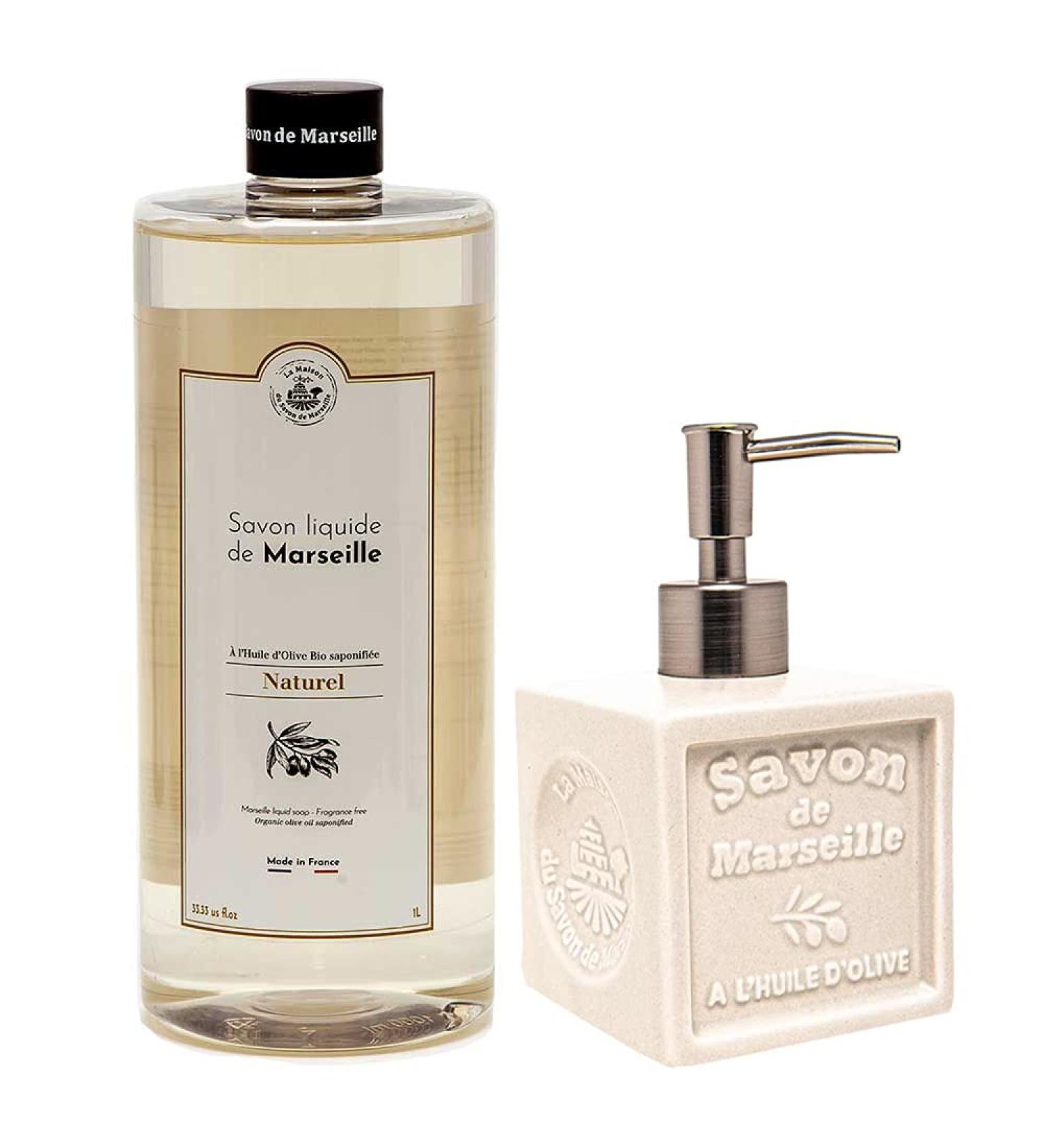 Maison Du Savon De Marseille liquid soap with soap dispenser ceramic 1 liter refill pack 300 ml - Buy Online on GoSupps.com