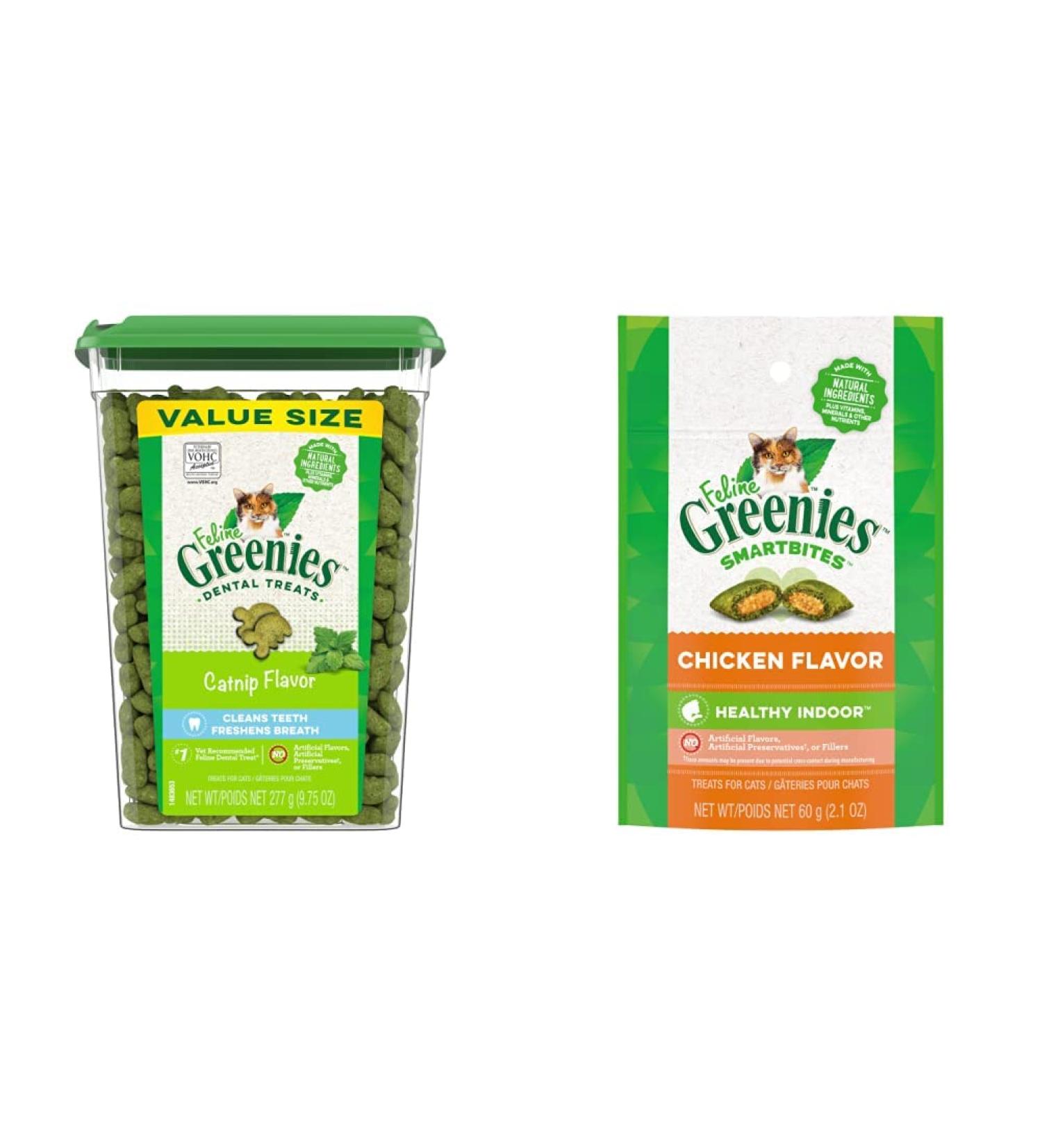 FELINE GREENIES Cat Treats Adult Natural Dental Care Catnip Flavour 9.75oz. Tub & FELINE GREENIES Cat Treats SMARTBITES Healthy Indoor Natural Dental Care Chicken Flavour 2.1oz Pouch - Buy Online on GoSupps.com