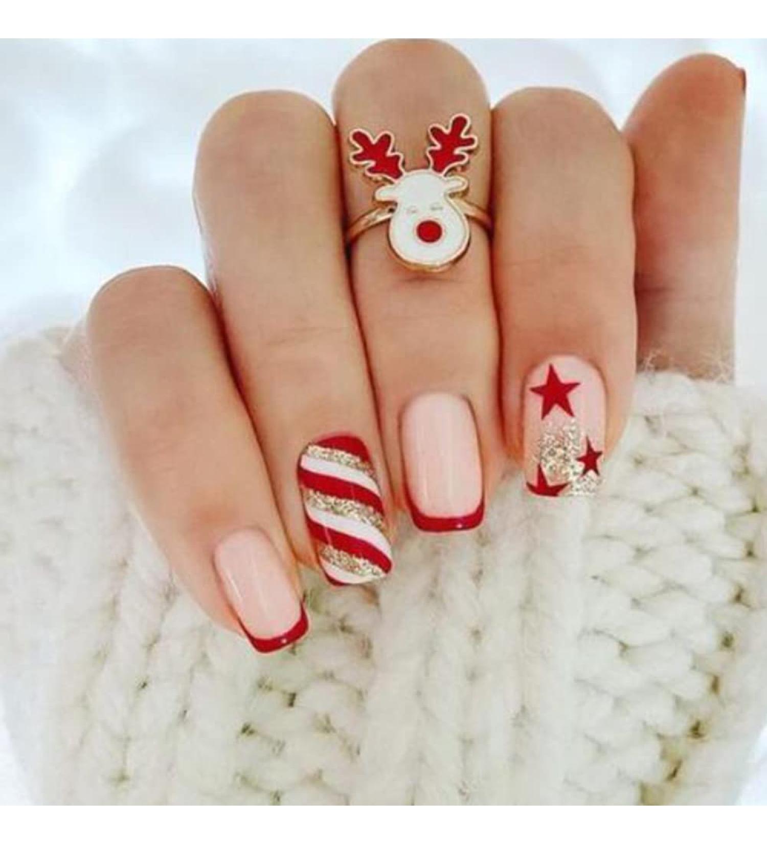 Vatocu Christmas False Nails - Short Red Press on Nails with Snowflakes, Elk, Snowman Design (24pcs) - Acrylic Stick on Nails for Women and Girls - Buy Online on GoSupps.com