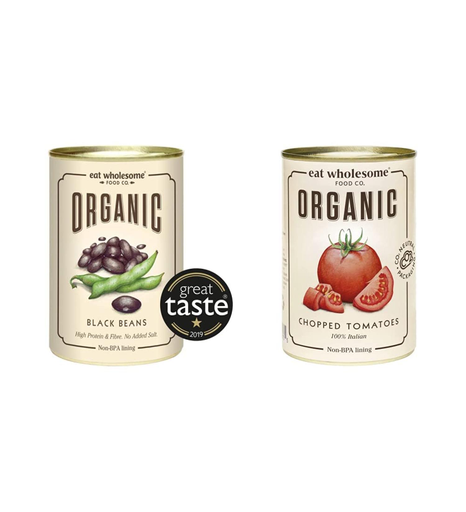 Eat Wholesome Organic Black Beans 400g (Pack of 12) & Eat Wholesome Organic Chopped Tomatoes 400g (Pack of 12) - Buy Online on GoSupps.com