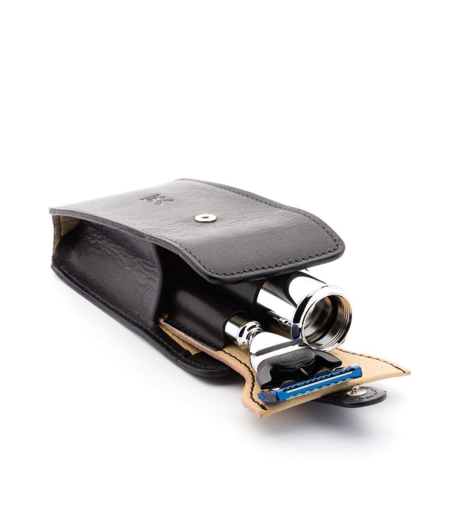 M hle Travel Set - Silvertip Fibre Brush & Gillette-Compatible Razor in Black Leather Case | Premium Shaving Accessories for International Shipping - Buy Online on GoSupps.com