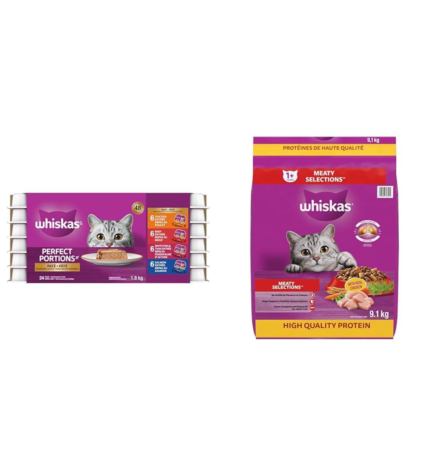 WHISKAS Perfect Portions Adult Wet Cat Food - Chicken Beef Whitefish and Tuna Salmon 75g Trays (24 Pack) & Meaty Selections Adult Dry Cat Food with Real Chicken 9.1 kg (Pack of 1) Cat Food + PET_FOOD - Buy Online on GoSupps.com
