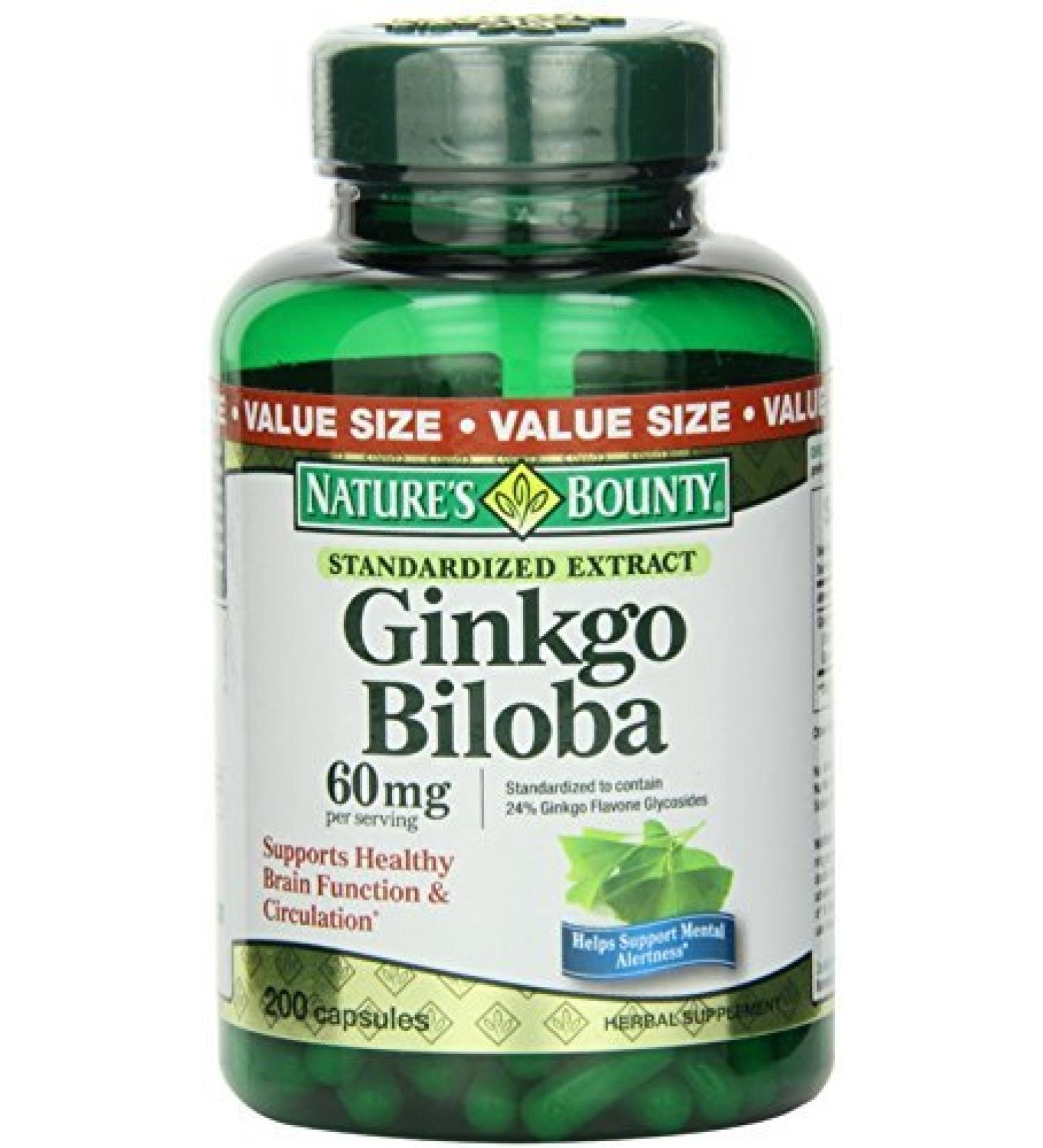 Nature's Bounty Ginkgo Biloba 60mg Capsules 200 ea (Pack of 6)