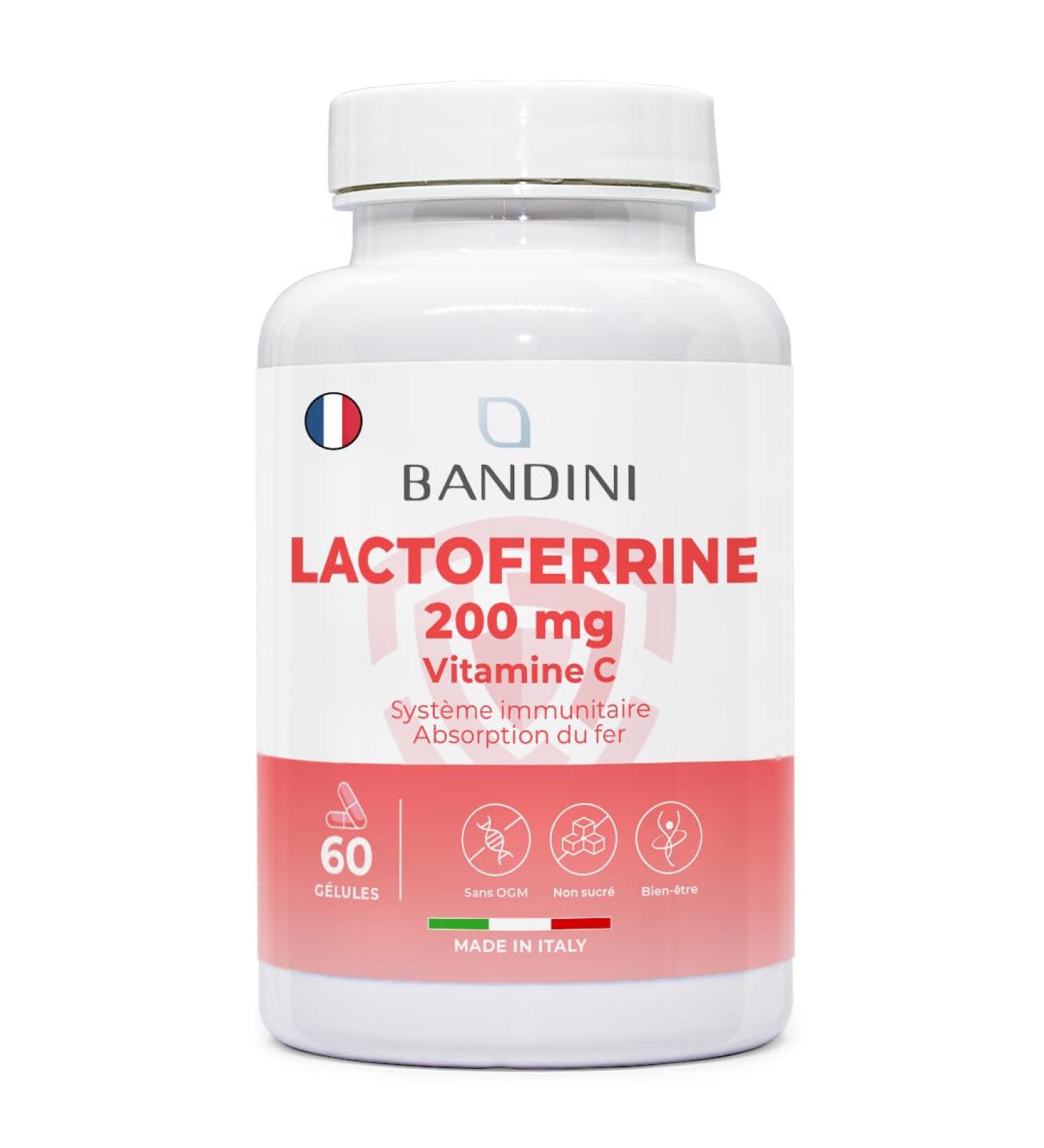 Bandini LACTOFERRIN Pure 60 Capsules (200mg per Capsule) - Highly Dosed Capsules with 60mg Vitamin C - Lactoferrin to Strengthen the Immune System - Regulates Iron Absorption - No GMO - Buy Online on GoSupps.com