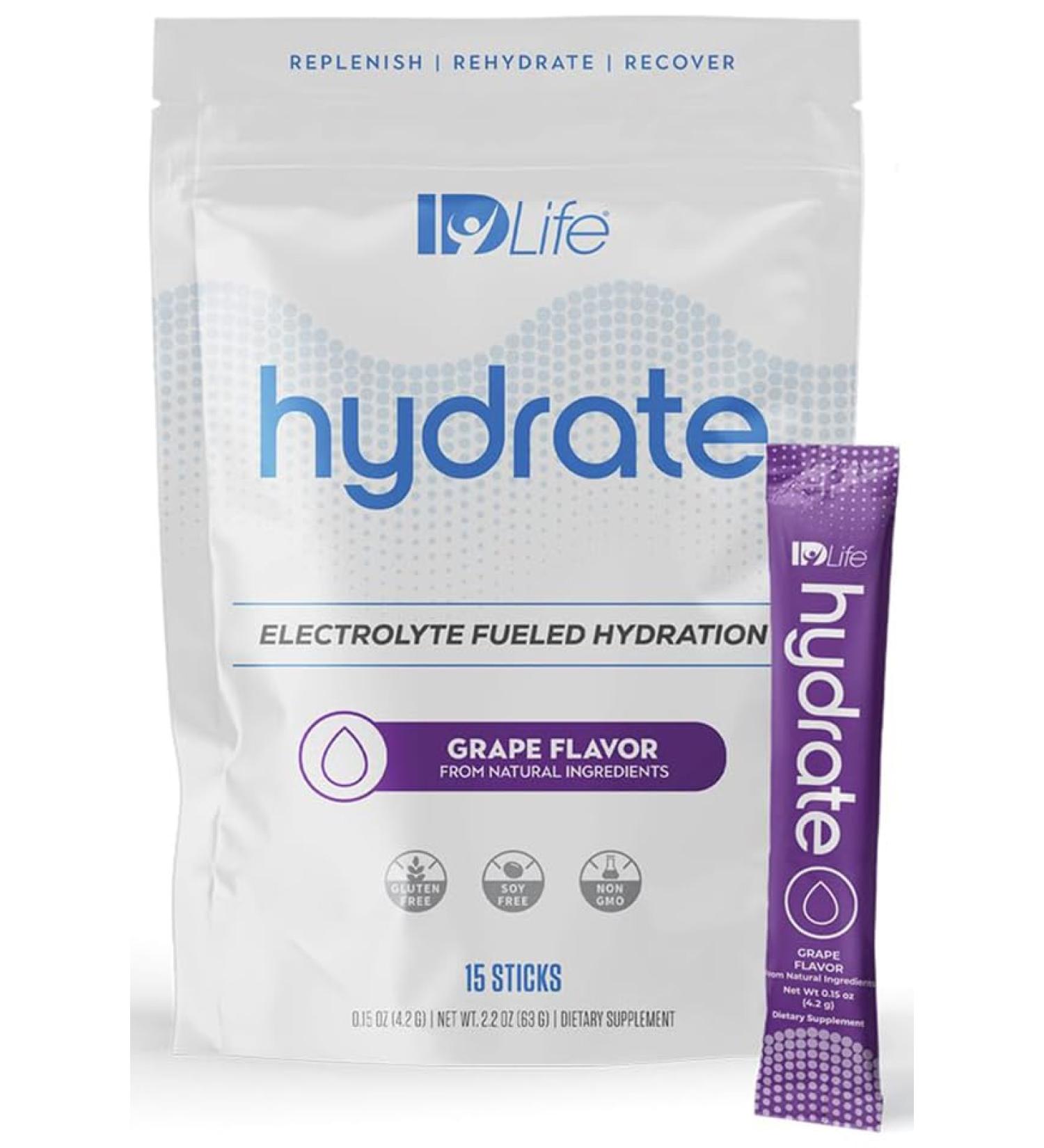 IDLife Grape Hydrate Drink Powder - Instant Electrolyte Fueled Hydration with Vitamins, MCTs & Minerals for Vital Nutrients - 15 Sticks per Bag - Buy Online on GoSupps.com