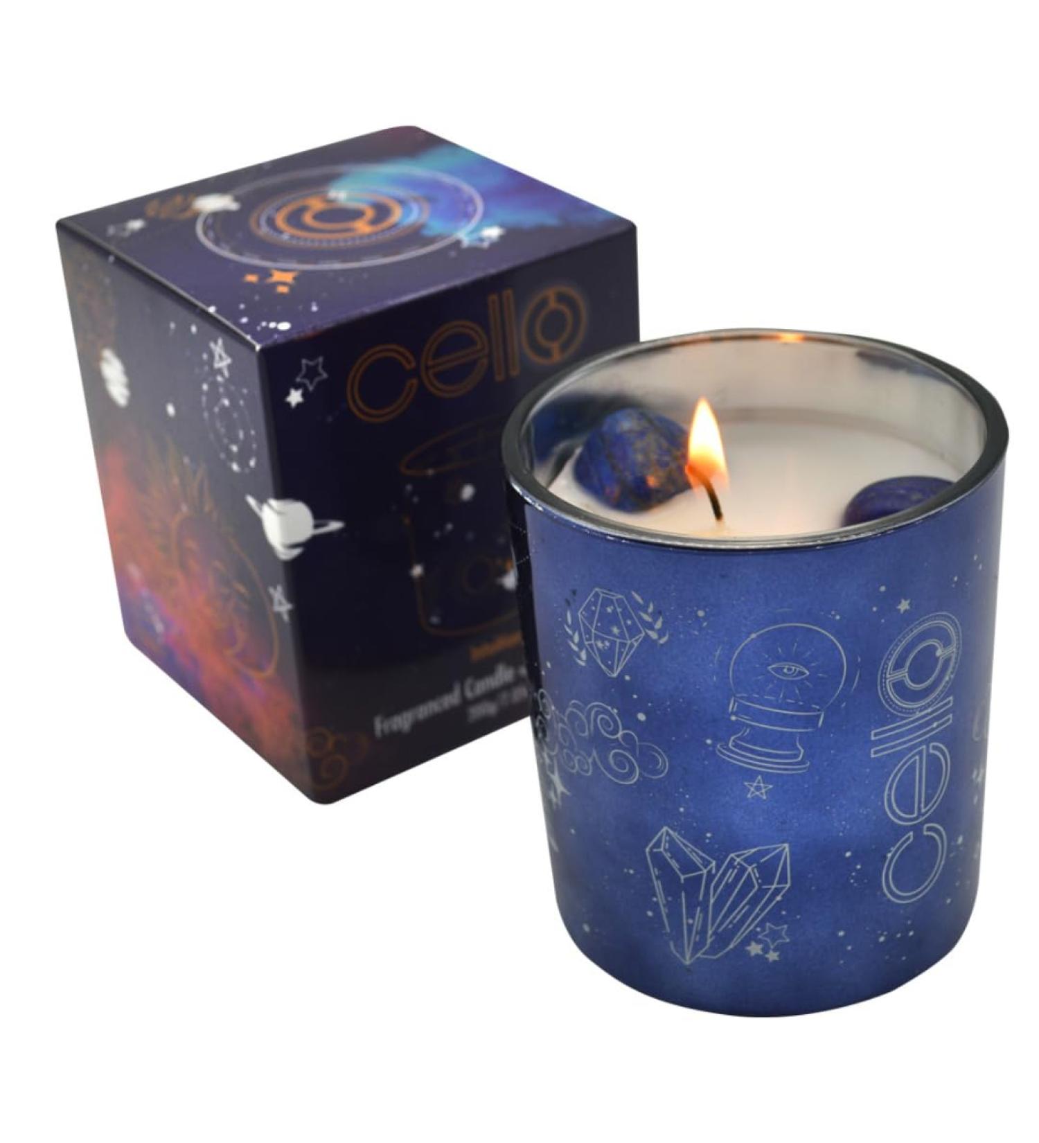 Cello Celestial Scented Candle with Lazurite Gemstones - Metallic Blue Candle with Blue Crystals for Men and Women. Ideal Candle Gift - Buy Online on GoSupps.com