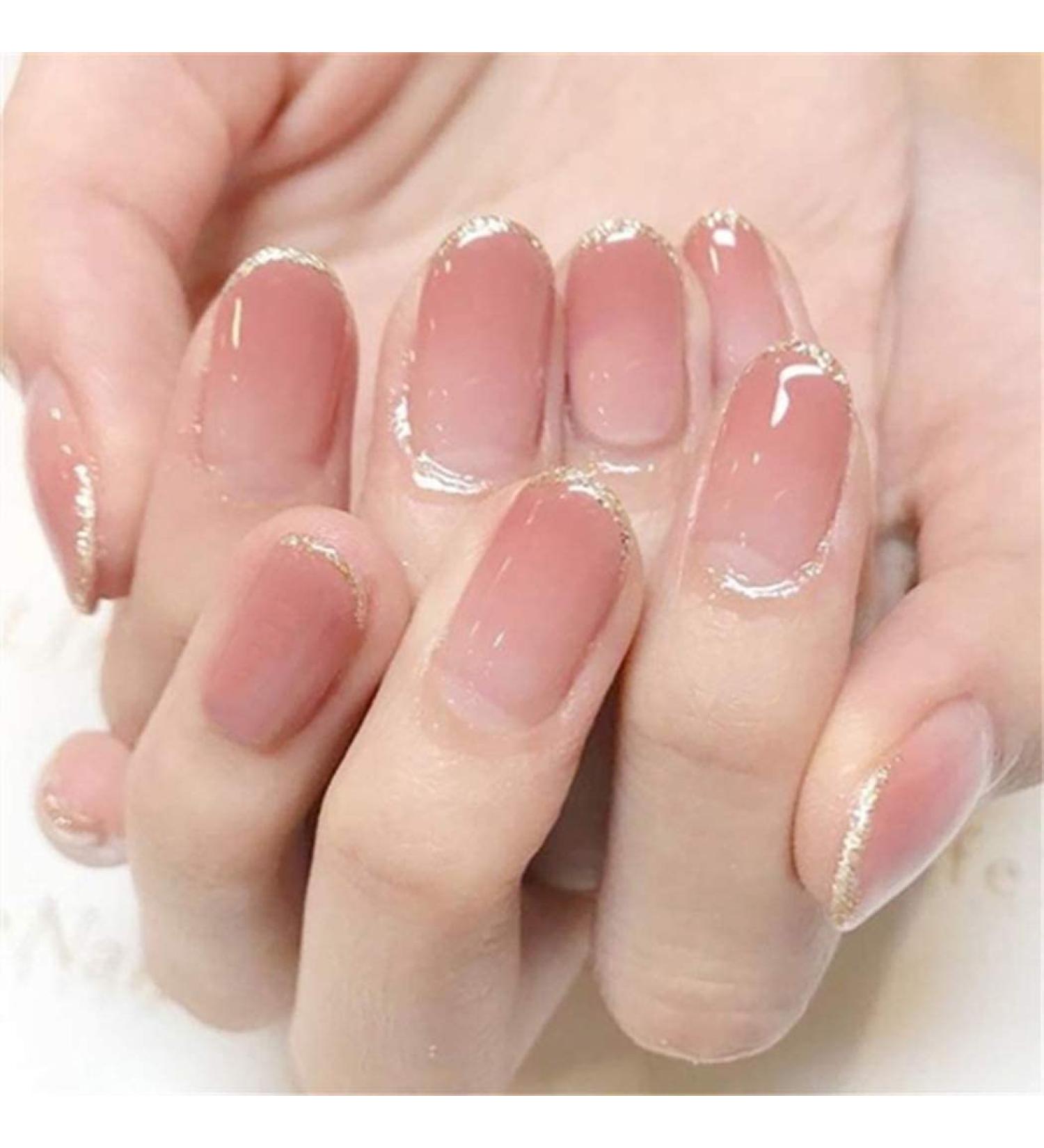 Short False Nails Glossy French Pink Square Nude Golden Glitter Press on Full Cover 24Pcs Acrylic Art Nial Tips for Women and Girls - Buy Online on GoSupps.com