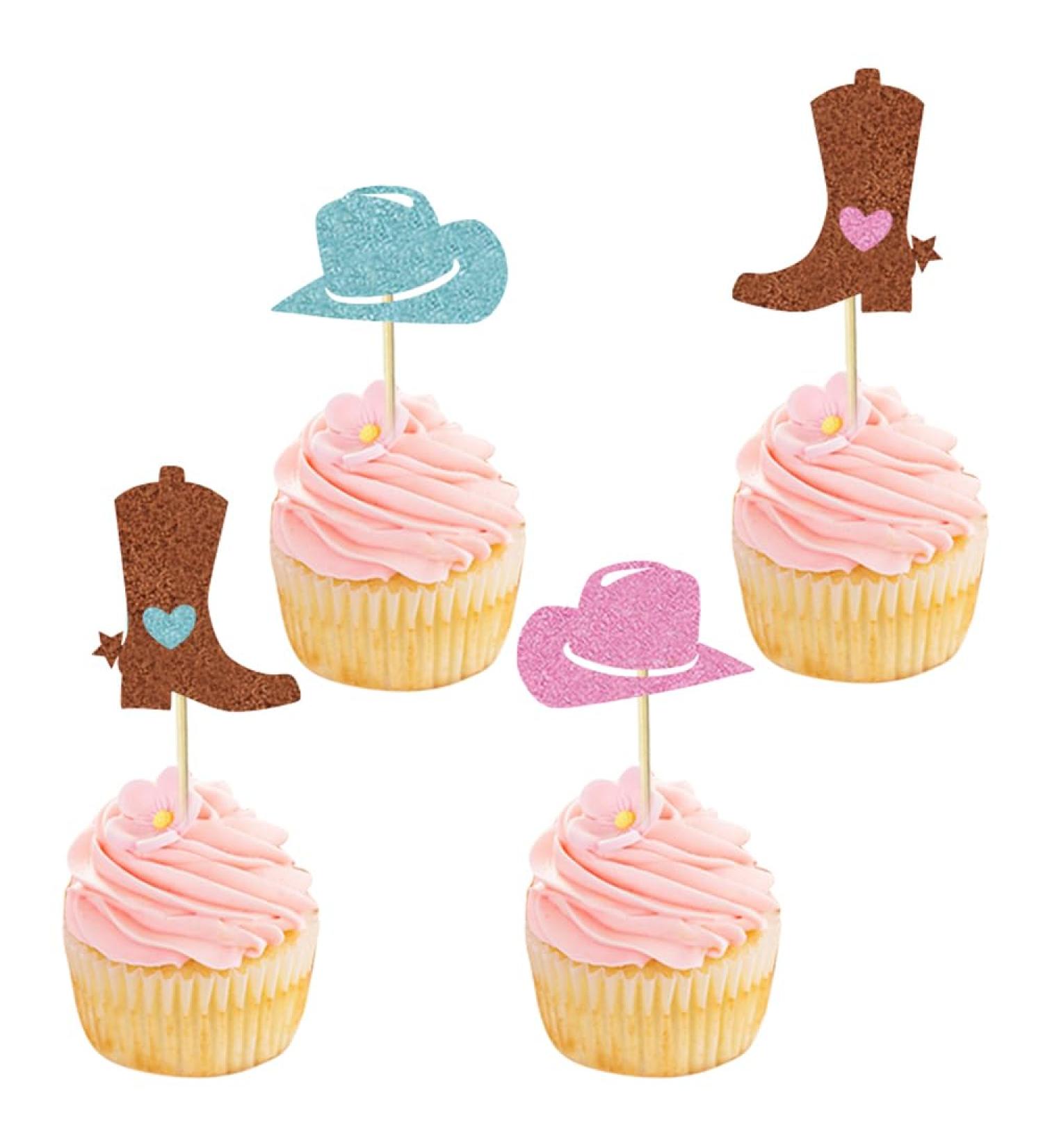 UXYOKM 24Pcs Gender Reveal Cupcake Toppers Glitter Cow Boy or Girl Cupcake Picks Blue Pink Cowboy Hat and Boots Gender Reveal Theme Baby Shower Kids Birthday Party Cake Decoration Supplies - Buy Online on GoSupps.com