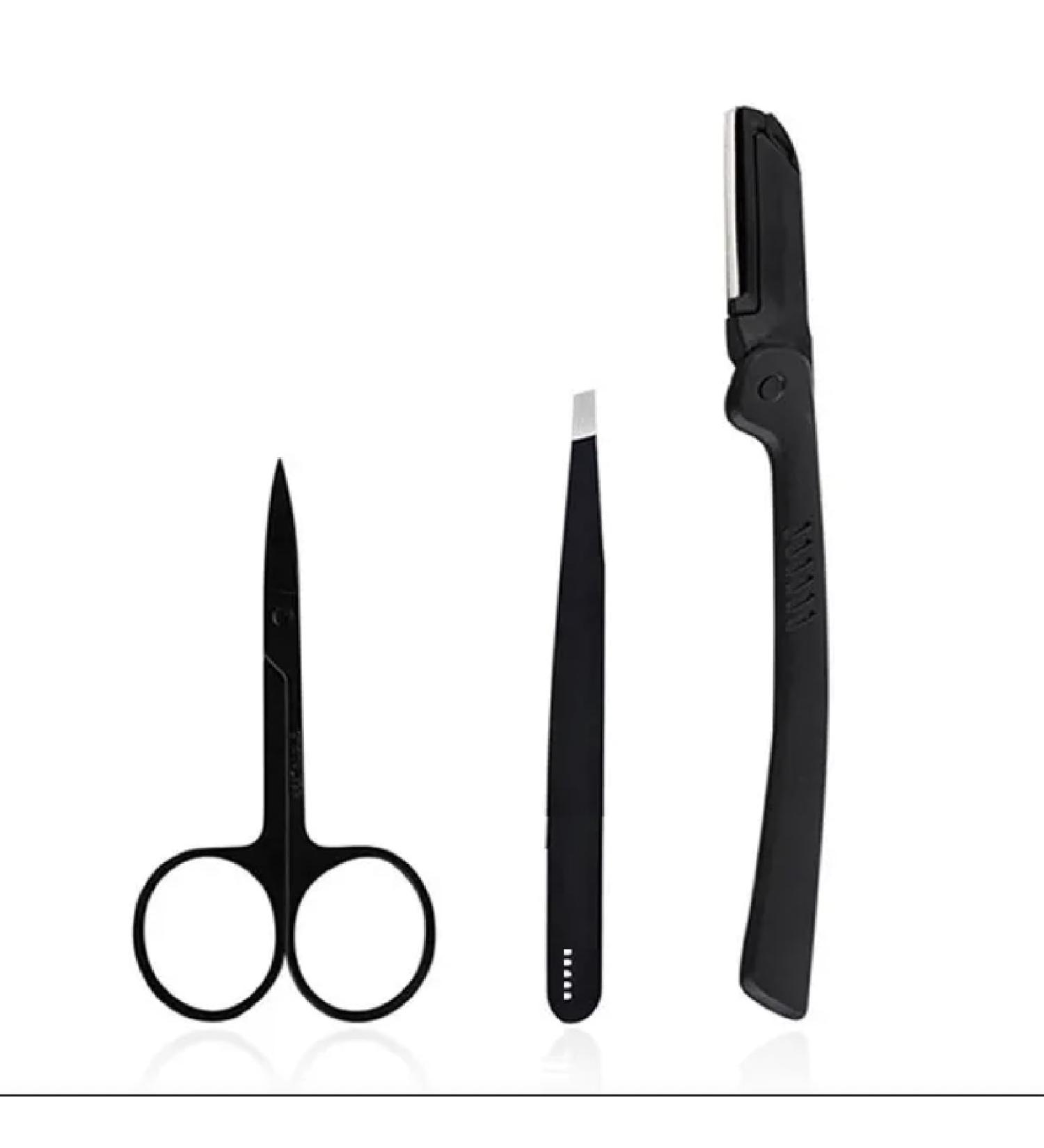 3 in 1 Eyebrow Shaping Tools Set | Stainless Steel Brow Grooming Kit with Tweezers Scissors Eyebrow Razor for Women and Men