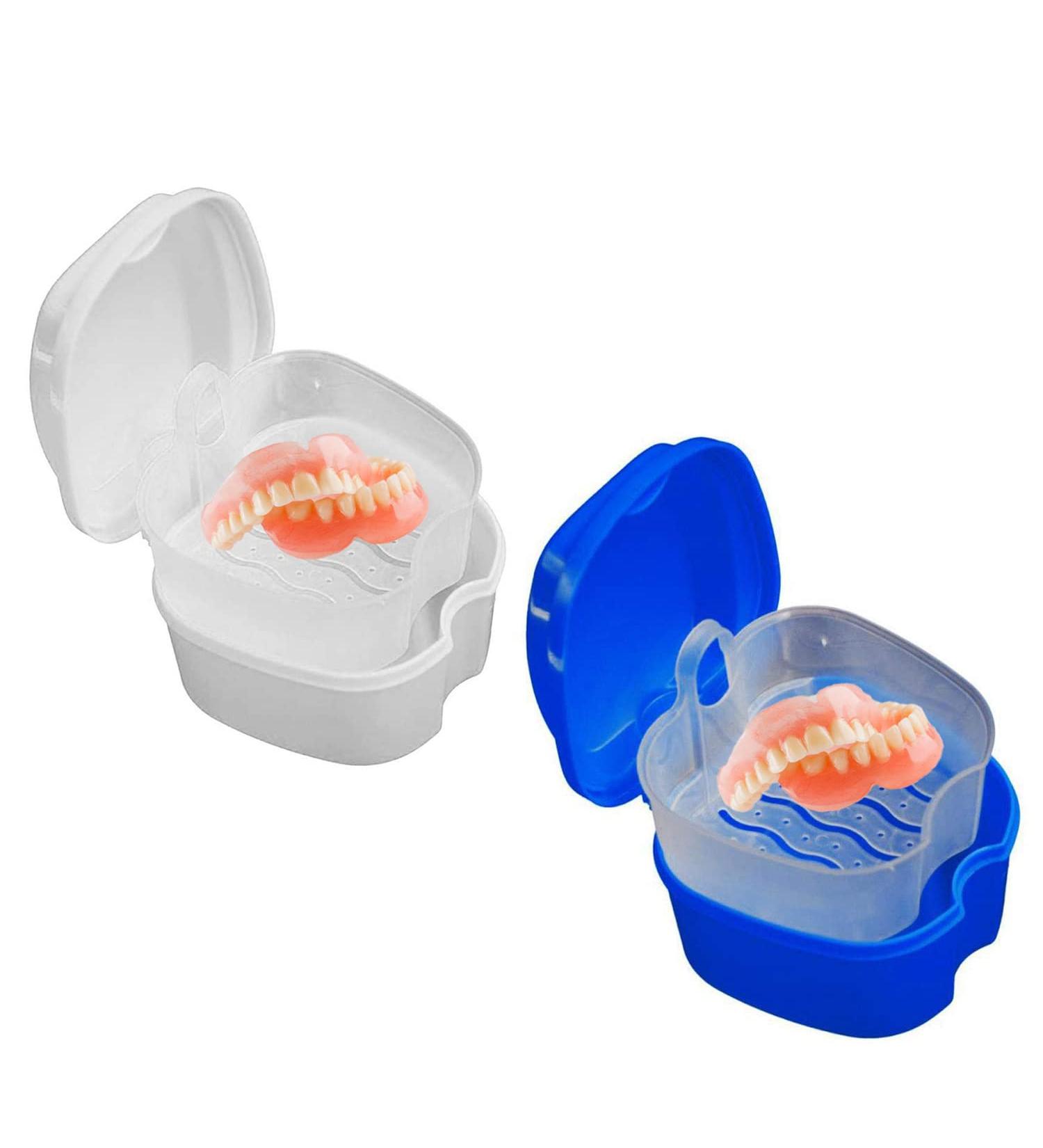 Obanim 2-Piece Prosthesis Bathing Builder Box Holder - Travel Storage Container with Sieve Basket for False Teeth Cleaning (White/Blue) - Buy Online on GoSupps.com