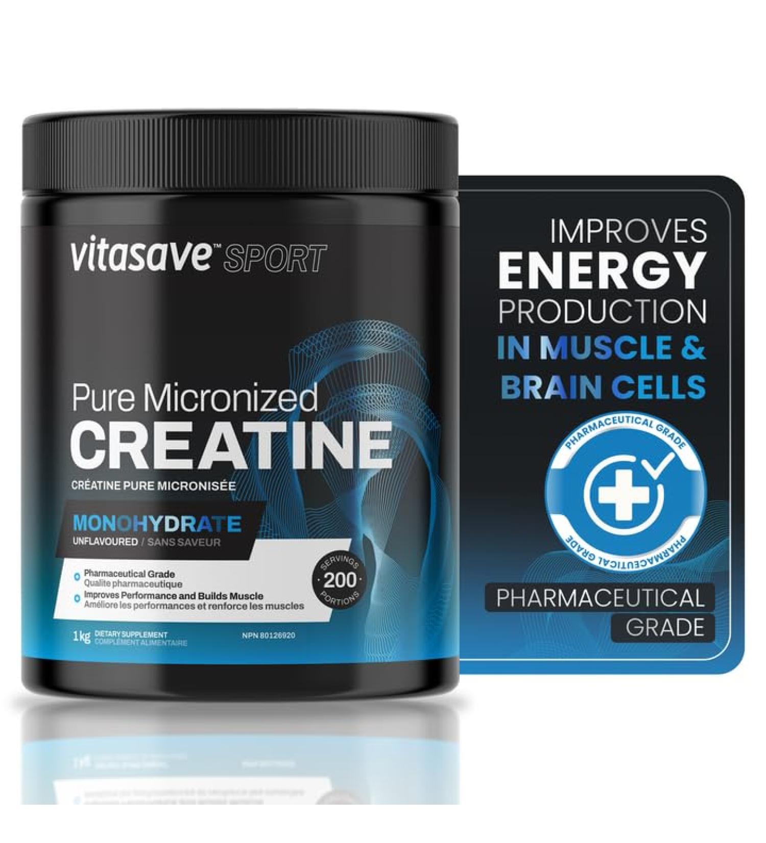 Vitasave Creatine Monohydrate Powder - Creatine Supplement For Performance & Muscle Gains - Pure & Ultra-Fine Powder for Enhanced Absorption - Fitness Essential for Athletes & Bodybuilders - Made in Canada (1000g) - Buy Online on GoSupps.com