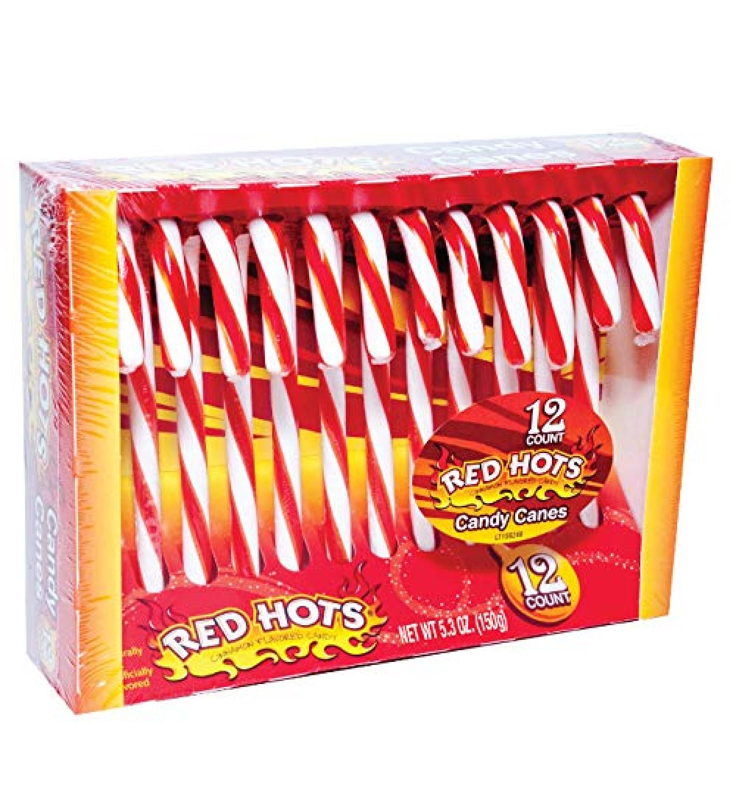 Ferrara (1) Box Original Red Hots Canes - 12 Cinnamon FLavored Capped Pieces per Box - Holiday & Christmas Candy - Net Wt. 5.1 oz Cinnamon 5.1 Ounce (Pack of 1)