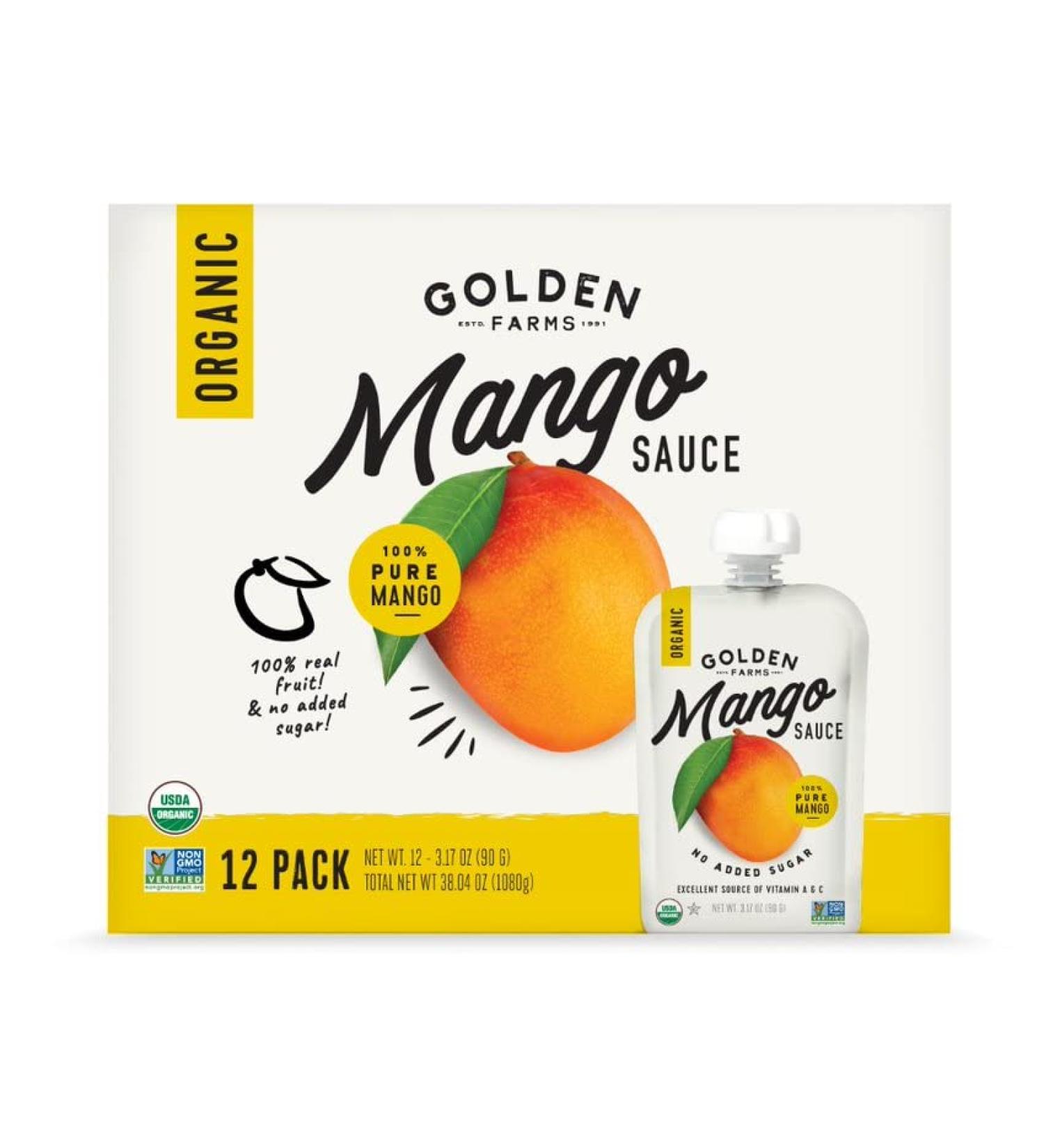 Golden Farms Mango Pouches - Pack of 12, 100% Pure Fruit, No Added Sugar, Vegan, Gluten-Free, Kosher, Organic Squeeze Pouch - 3.17oz Each - Buy Online on GoSupps.com