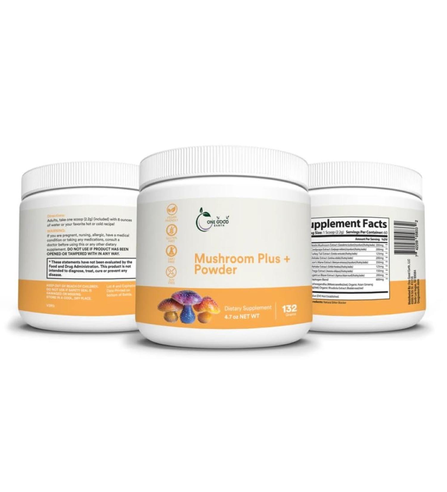 One Good Earth Mushroom Plus Powder 1000mg+ with Lionsmane Cordyceps Shiitake Chaga Turkey Tail & More with Vitamins B and D Selenium Copper & Potassium - Buy Online on GoSupps.com
