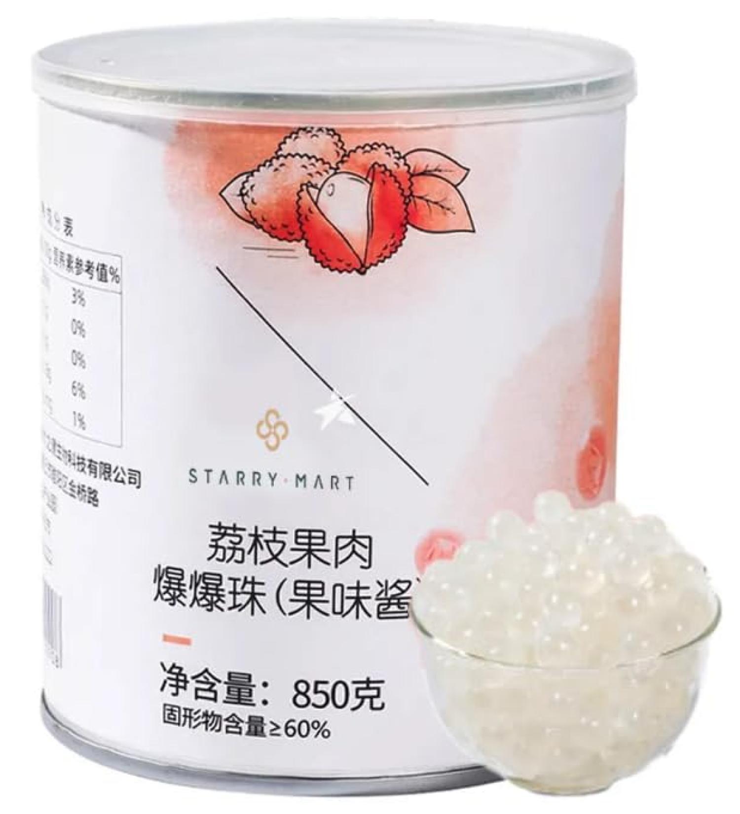 Starry Mart Doking Canned Popping Boba 850g - Boba Ball with Fruit Pulp Sauce for Bubble Tea Dessert Topping (Lychee) - Buy Online on GoSupps.com