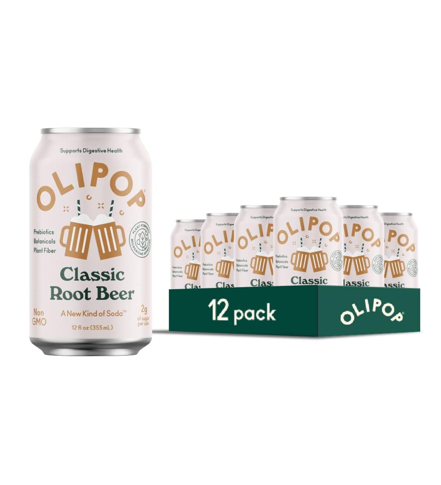 OLIPOP Classic Root Beer Sparkling Tonic - Prebiotic Soft Drink with 9g Plant Fiber, Caffeine Free, Low Calorie, 12-Pack - Buy Online on GoSupps.com
