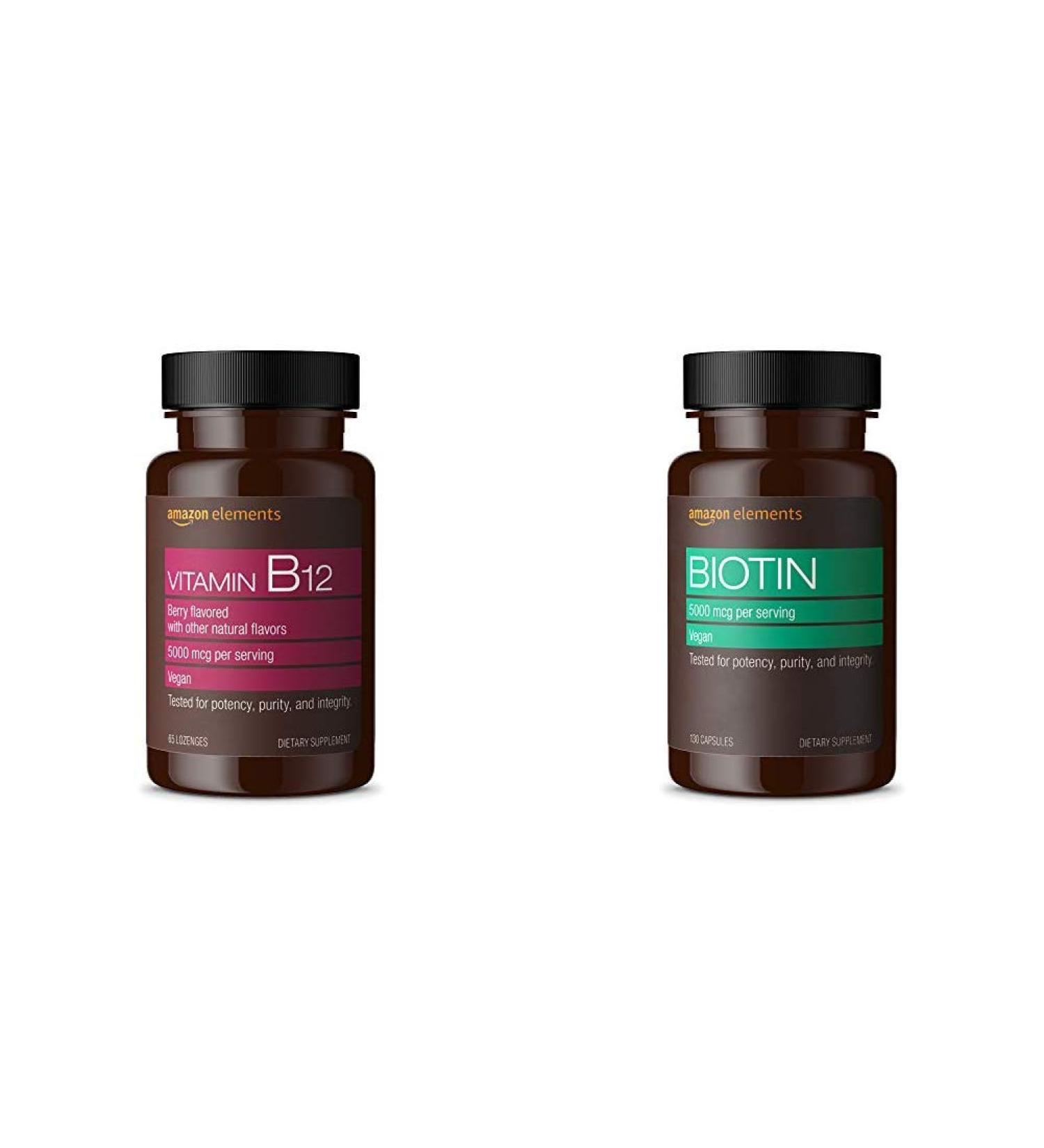 Amazon Elements Vitamin B12 Methylcobalamin 5000mcg & Biotin 5000mcg - Berry Flavored Lozenges & Vegan Capsules Combo Pack - 6 Month Supply - Buy Online on GoSupps.com