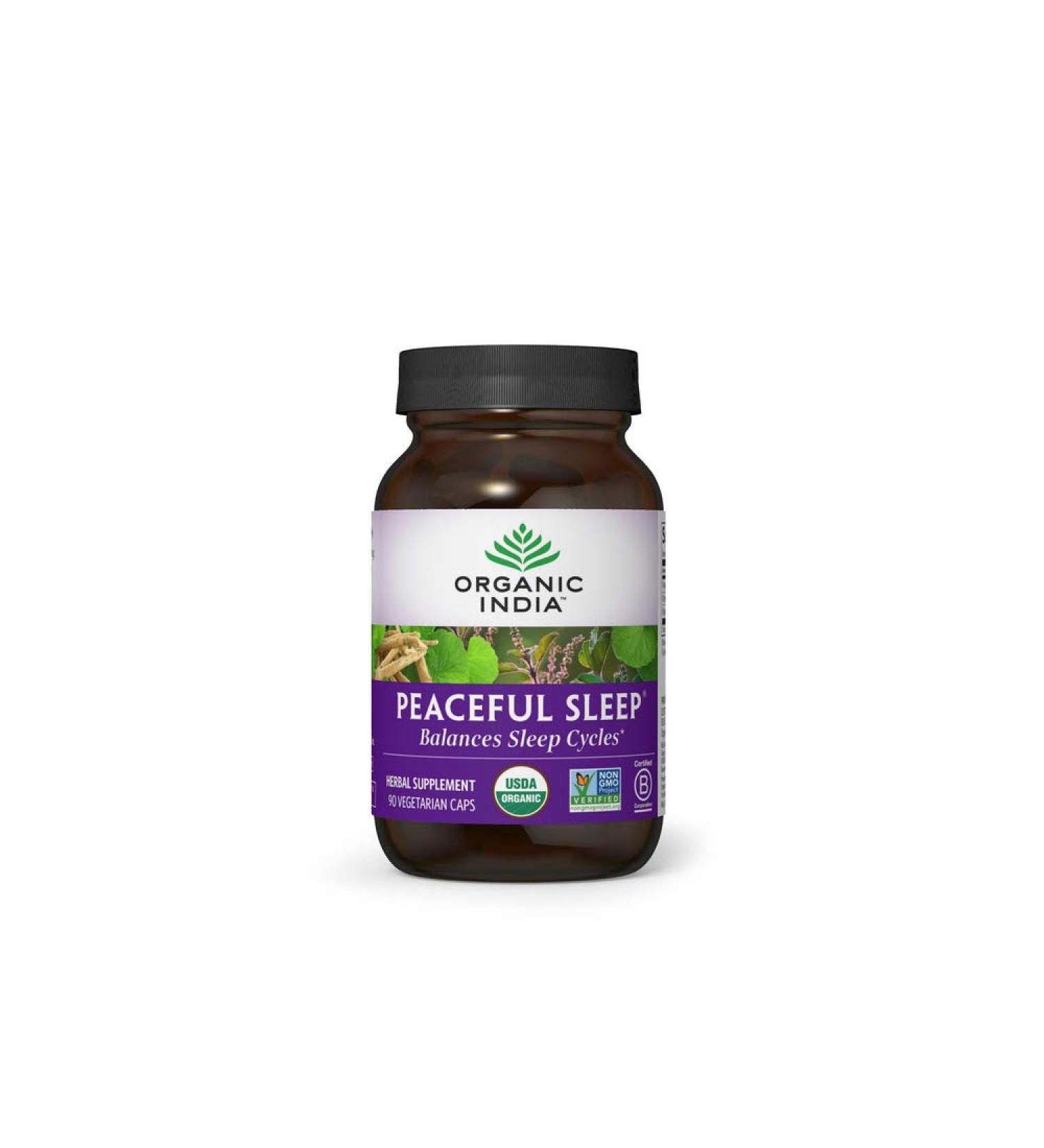 Organic India Peaceful Sleep Herbal Supplement - Vegan, Non-GMO, USDA Organic, 90 Capsules for Energy & Relaxation - Buy Online on GoSupps.com