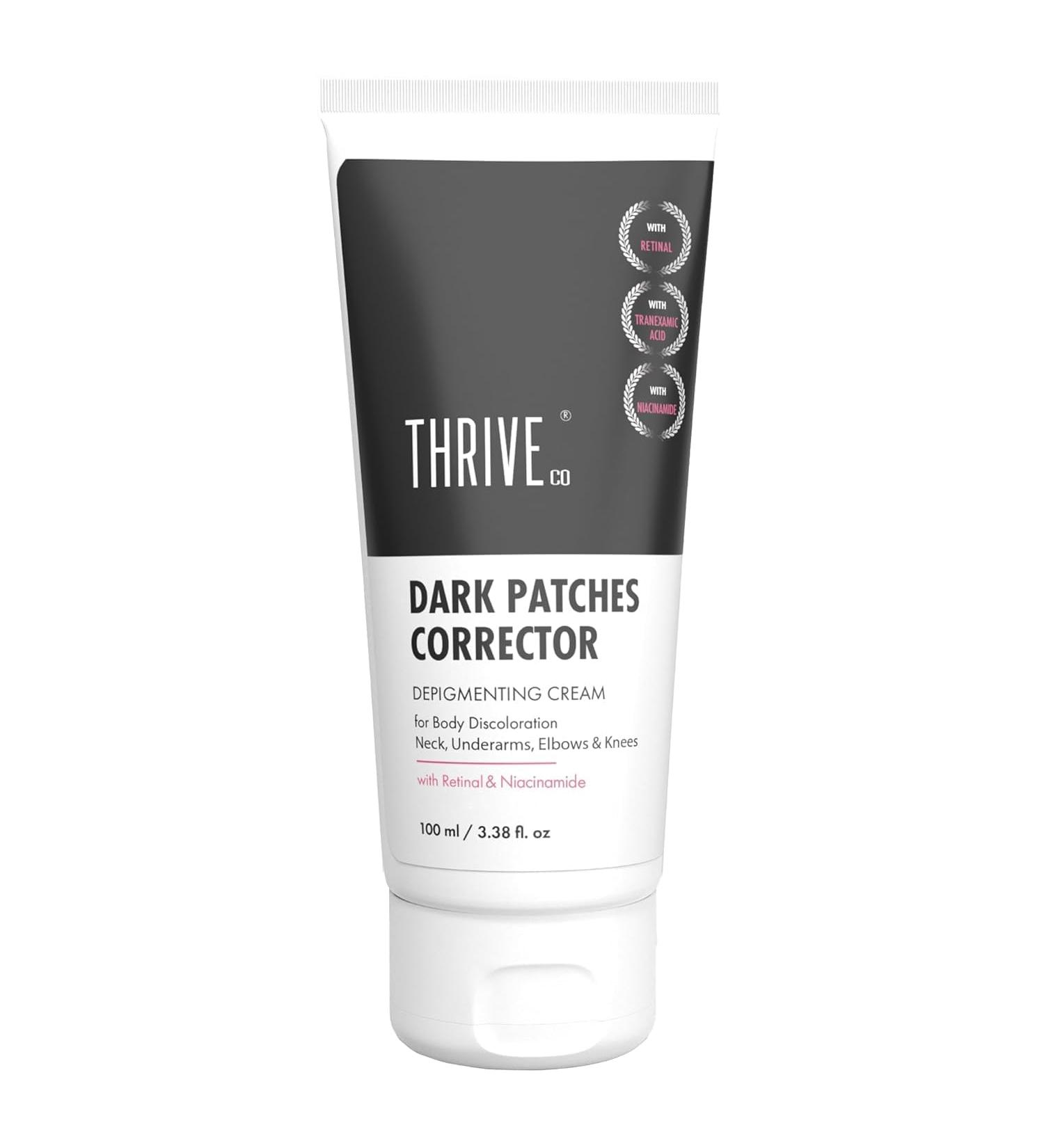 Thrive.Co Dark Patches Corrector Cream | Depigmenting Formula with Retinal Niacinamide & Lactic Acid | Effective Dark Spot Removal for Neck Underarms Thighs Knuckles Elbows & Knees 100ml - Buy Online on GoSupps.com
