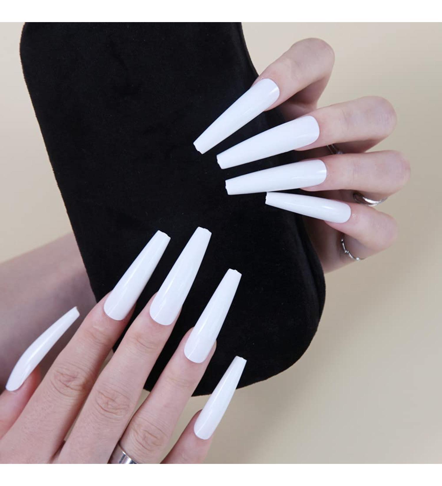 Rosy Finch XXL Extra Long Coffin Stick on Nails - White 2, Long Press Acrylic False Nails with Glue & File for Women - Buy Online on GoSupps.com