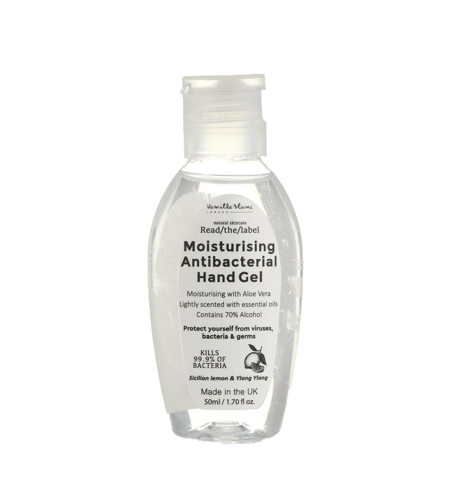 Vanilla Blanc - Moisturising Antibacterial Hand Gel | Made With 70% Alcohol - Kills 99.9% of Bacteria | Sicilian Lemon & Ylang Ylang Scented Quick & Kind to Skin Hand Sanitiser Gel - 50ml