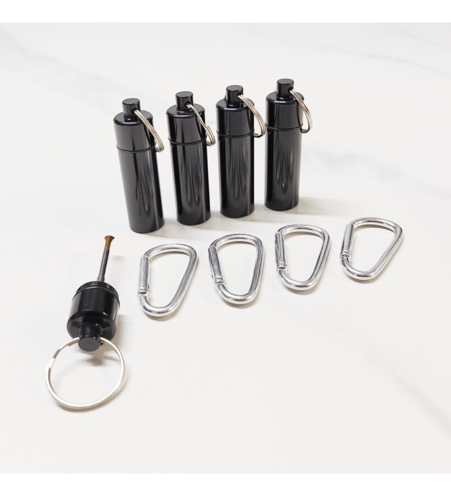 4 Pieces Small Portable Pill Box Keychain Aluminium Alloy Mini Pill Organizer Case Waterproof Metal Pill Holder Medicine Bottle for Outdoor Camping Travel(Black)