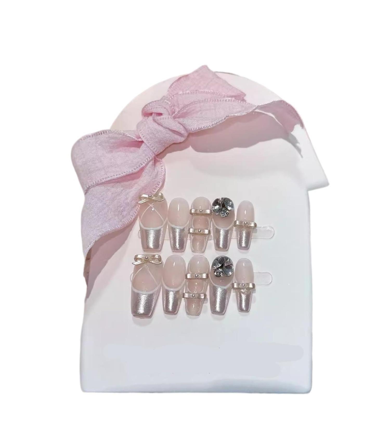 Handmade Wearing Nail Fingertip Bow New French Nail Art Detachable False Nails(Size:L)