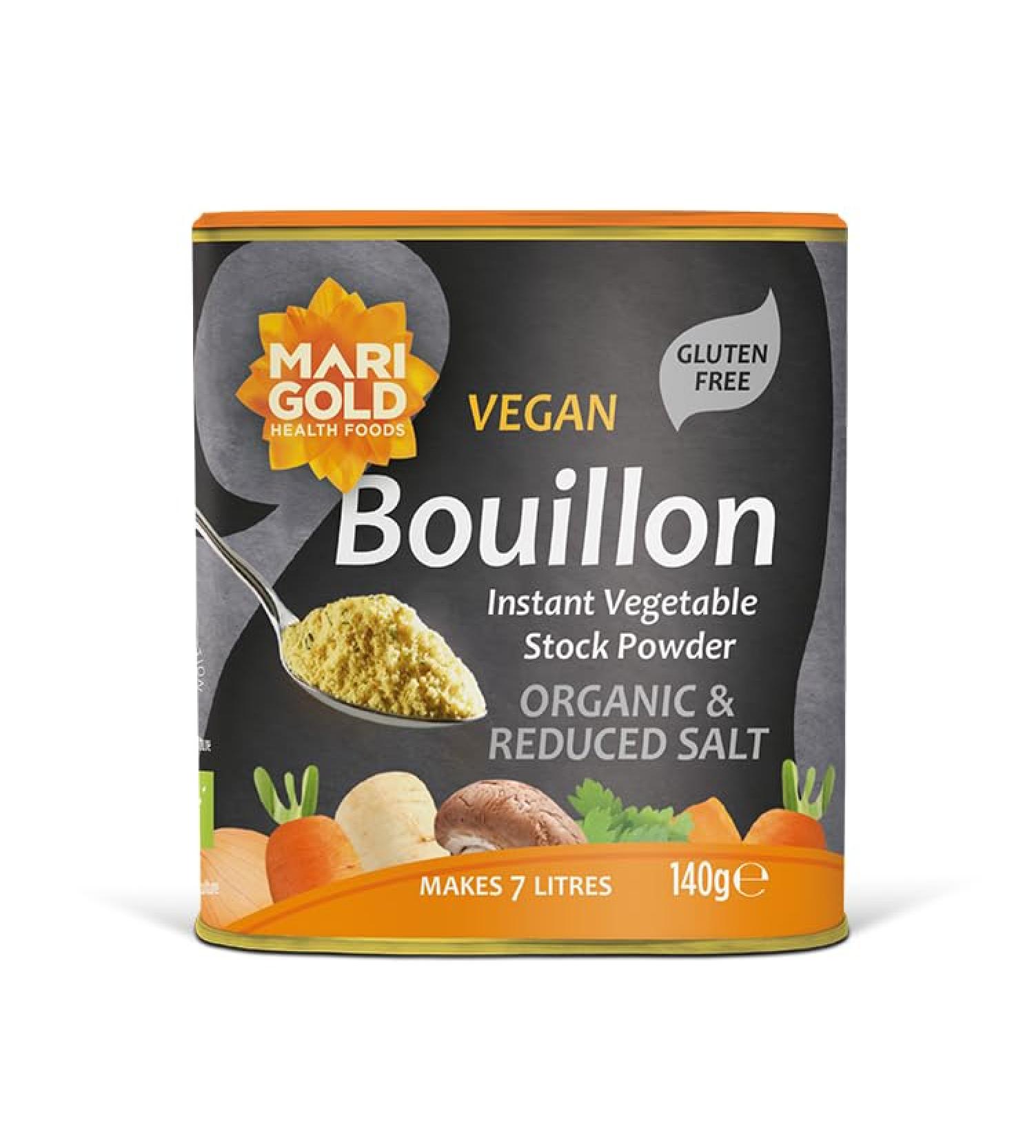 Marigold Health Foods Vegan Bouillon Instant Vegtable Powder - Organic & Reduced Salt - Gluten Free - Makes 7 litres - 140g (Pack of 2) 1 count (Pack of 2)