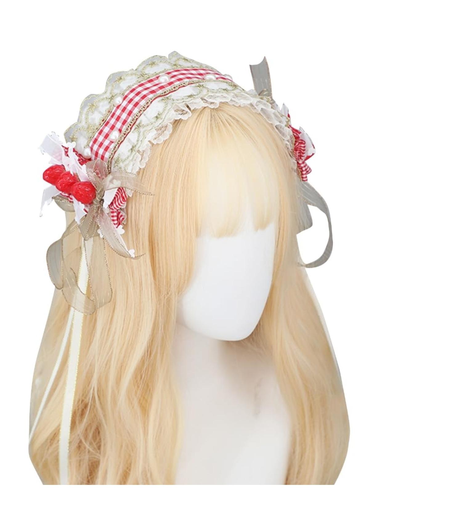 PLCPDM Maid Pleated Lace Hair Hoop Women Elegant Strawberry Decors Makeup Headband for Girls Cosplay Maid Hair Accessories Red - Buy Online on GoSupps.com