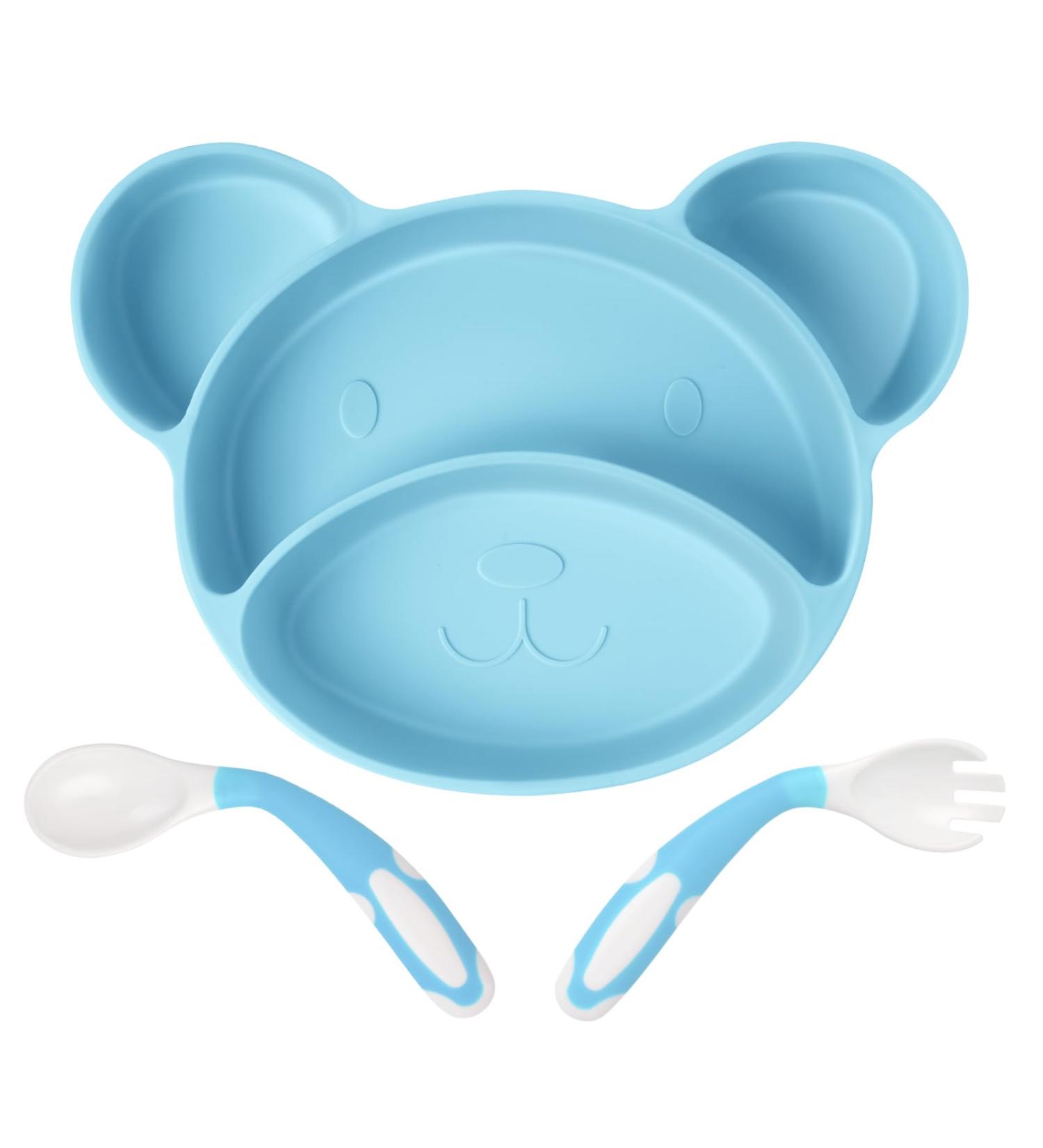 Vicloon Baby Suction Plate - Non-Slip Silicone Divided Placemat with Fork & Spoon | Self Feeding Training | Dishwasher & Microwave Safe - Blue - Buy Online on GoSupps.com