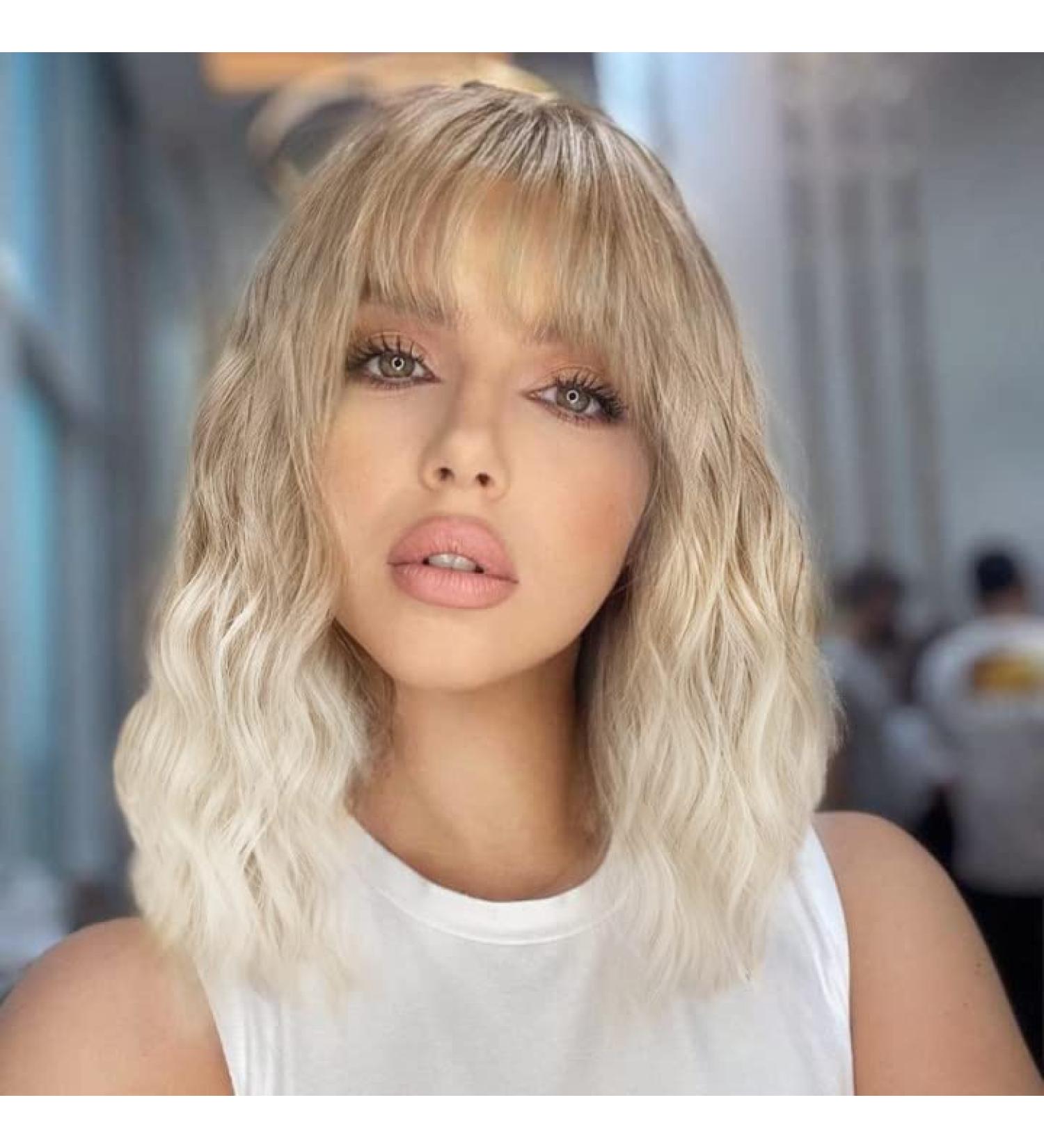 Natural-Looking Ombre Blonde Wavy Bob Wig with Bangs - Heat Resistant Synthetic Wig for Women - Buy Online on GoSupps.com