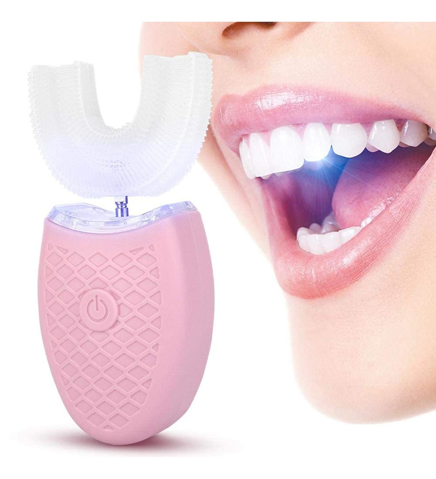 U-Shaped Adult Toothbrush t Electric Sonic Toothbrush Automatic Cleaning Toothbrush Oral Care Tool with Food Grade Silicone Brush Head(Pink) - Buy Online on GoSupps.com