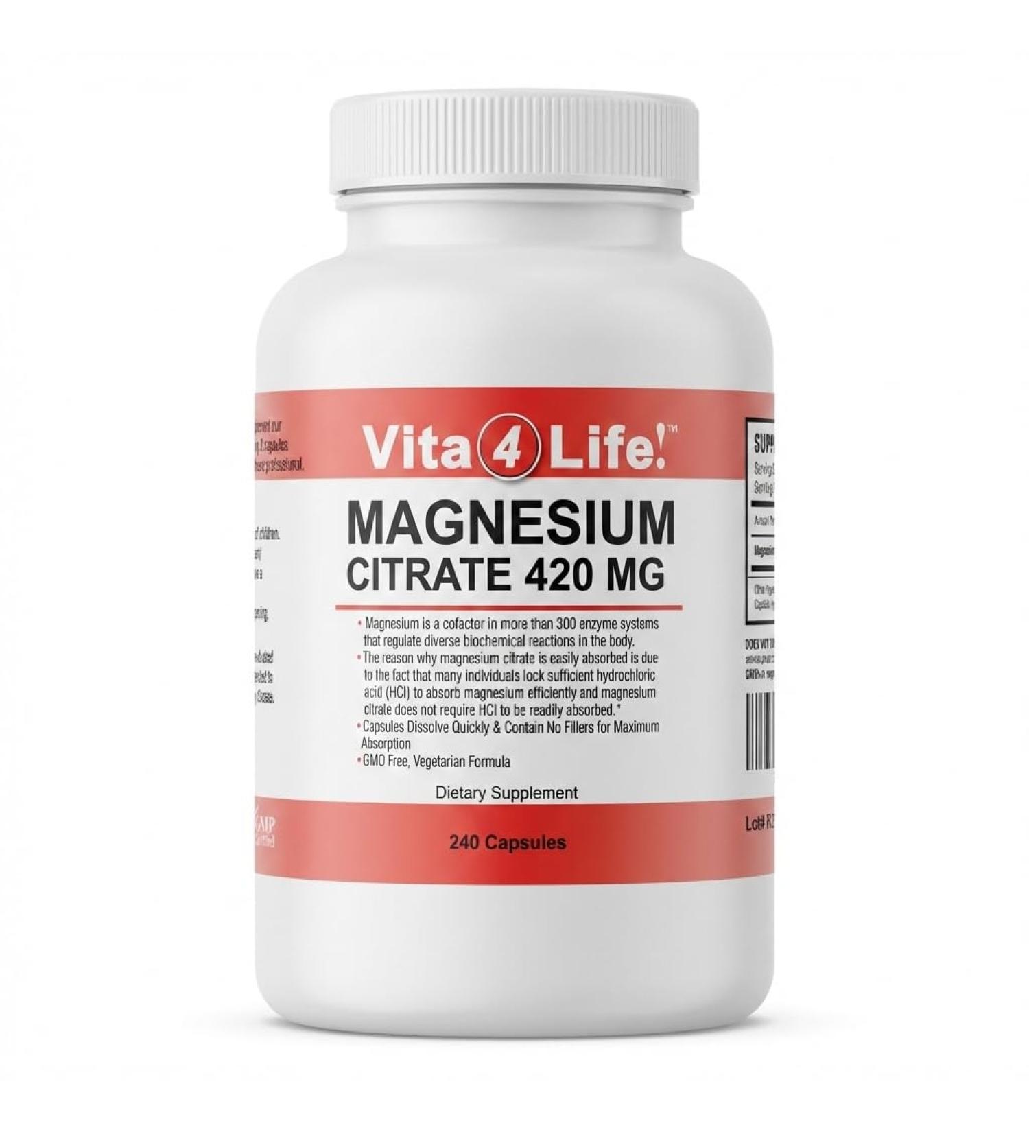 Vita4Life! - Premium Magnesium Citrate High Absorption Capsules (240 Count) - Buy Online on GoSupps.com