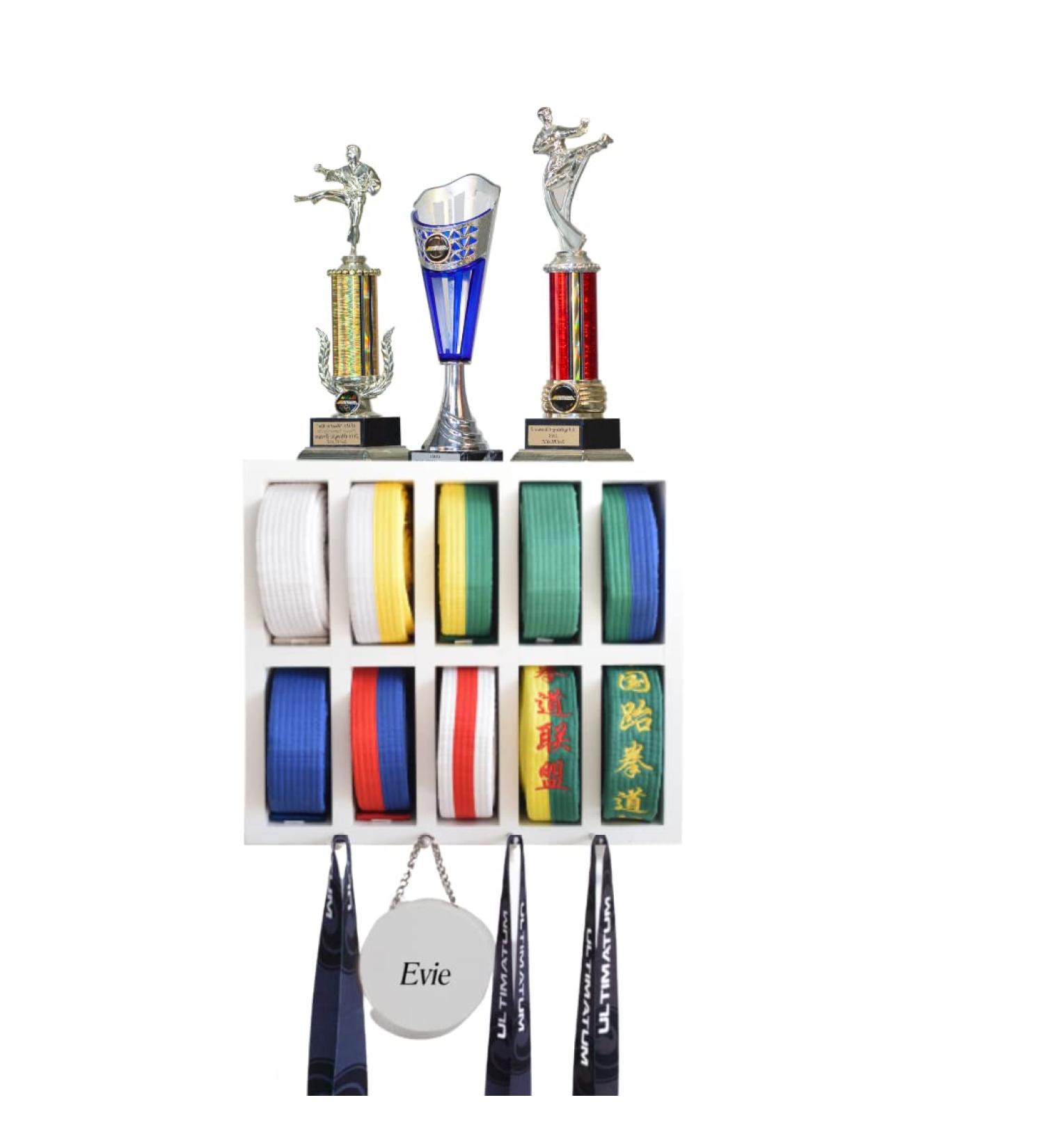 UpRise Designs Personalized Karate Belt Display Rack - 10 Belt Capacity | Taekwondo & Martial Arts Holder | Unique Trophy Medal White Finish - Buy Online on GoSupps.com