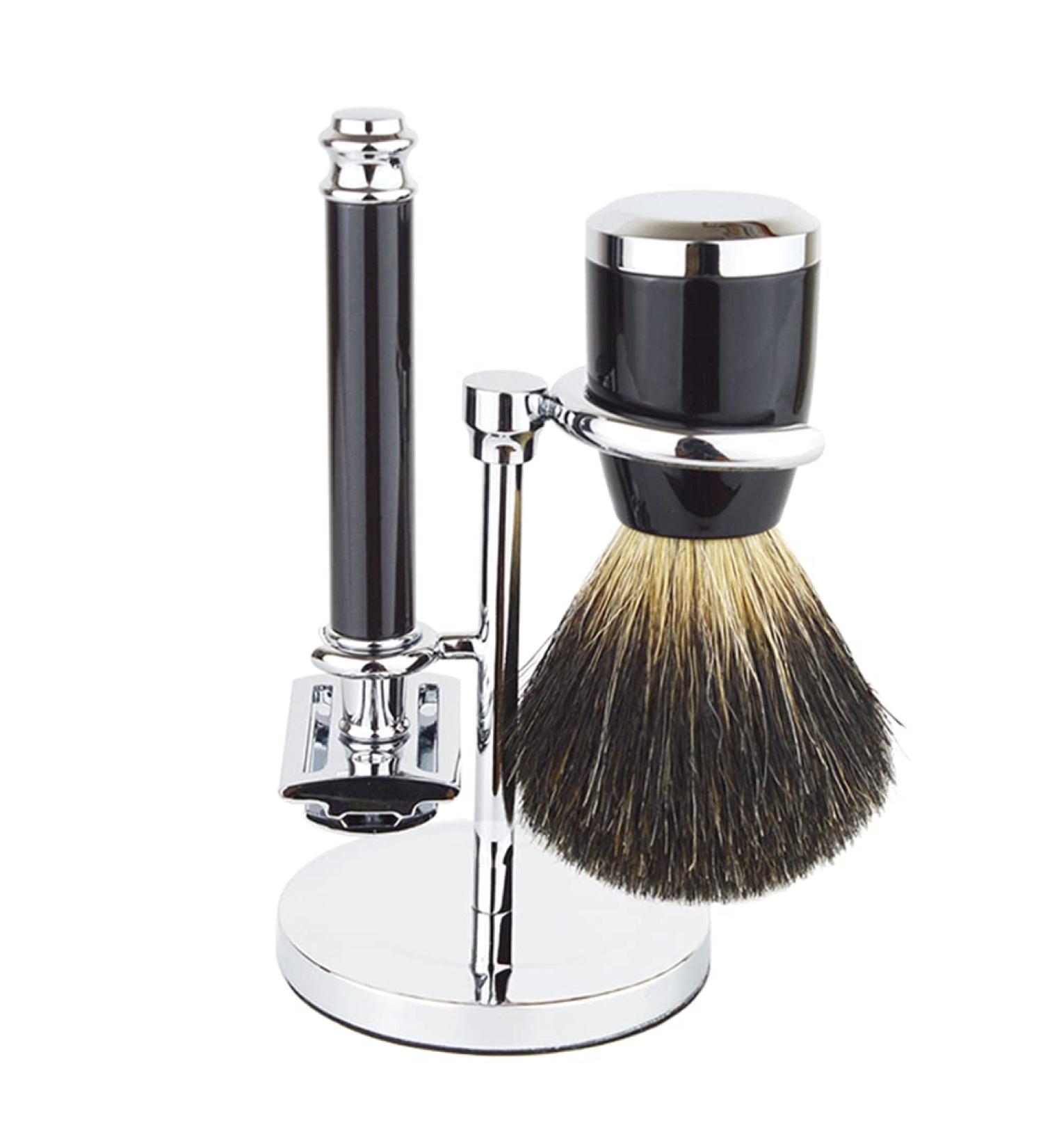Lefeda Simply Men's Razor Brush Set | Double-Sided Safety-Roof Razor Brush & Holder - Premium Quality 6.5x9cm Silver for Superior Grooming - Buy Online on GoSupps.com