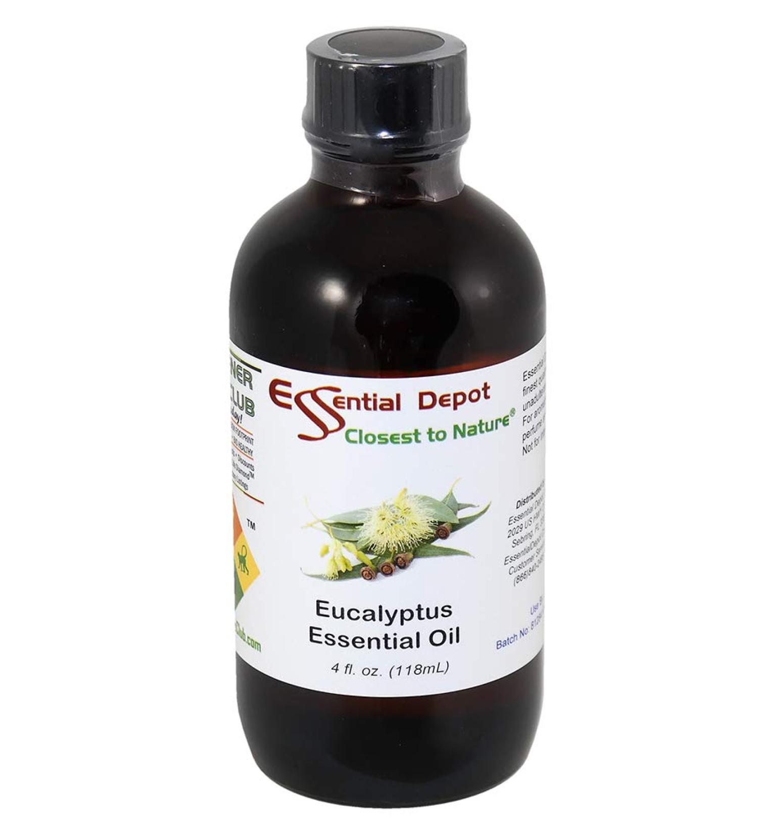Essential Depot Eucalyptus Essential Oil - GC/MS Tested - Supplied in 4 oz. Amber Glass Bottle with Black Phenolic Cone Lined and Safety Sealed Cap - Buy Online on GoSupps.com