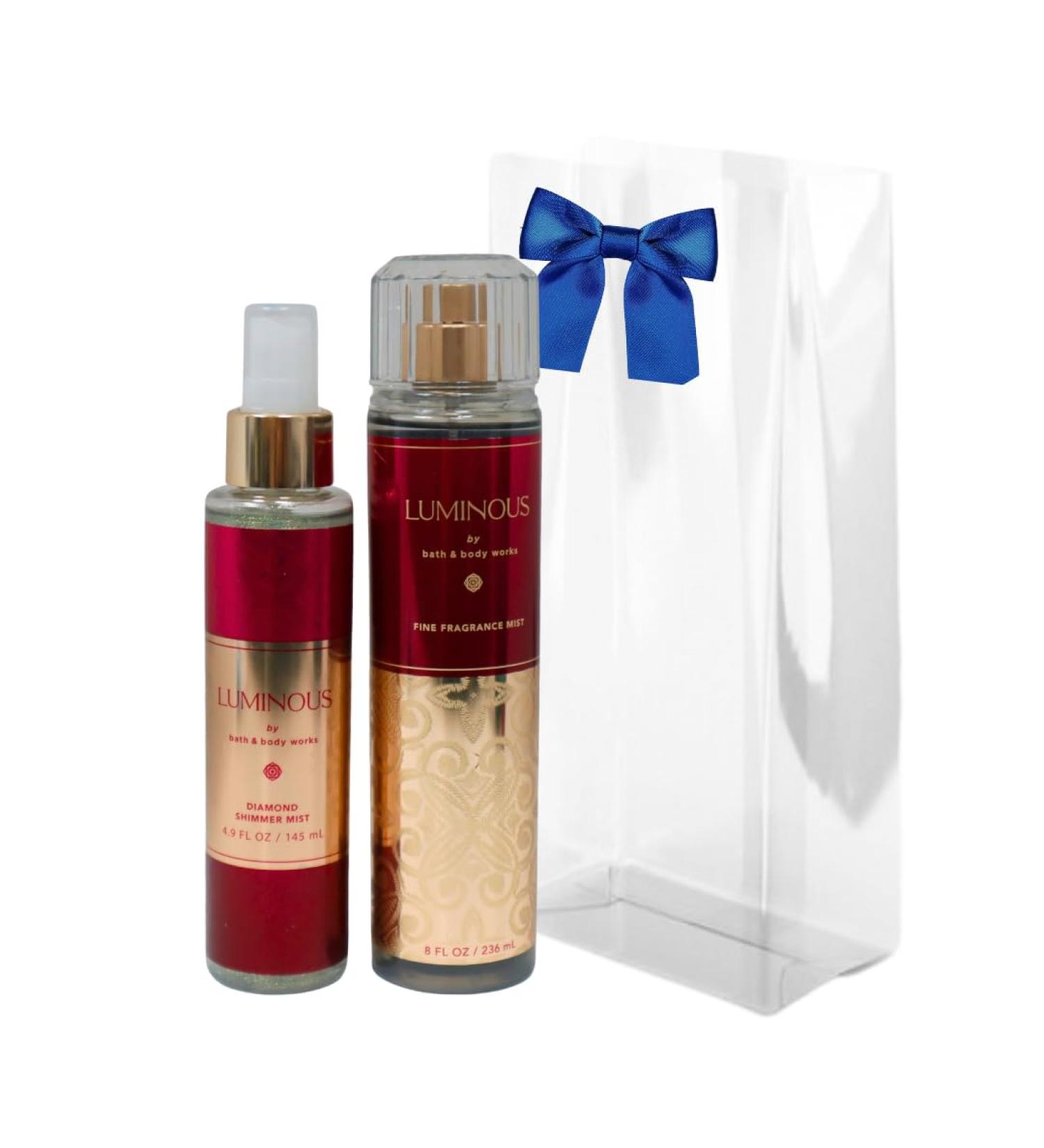 Bath & Body Works Luminous Fine Fragrance Body Mist 8 oz & Luminous Fine Fragrance Shimmer Body Mist 4.9 oz Gift Set packaging with a Blue bow - Buy Online on GoSupps.com