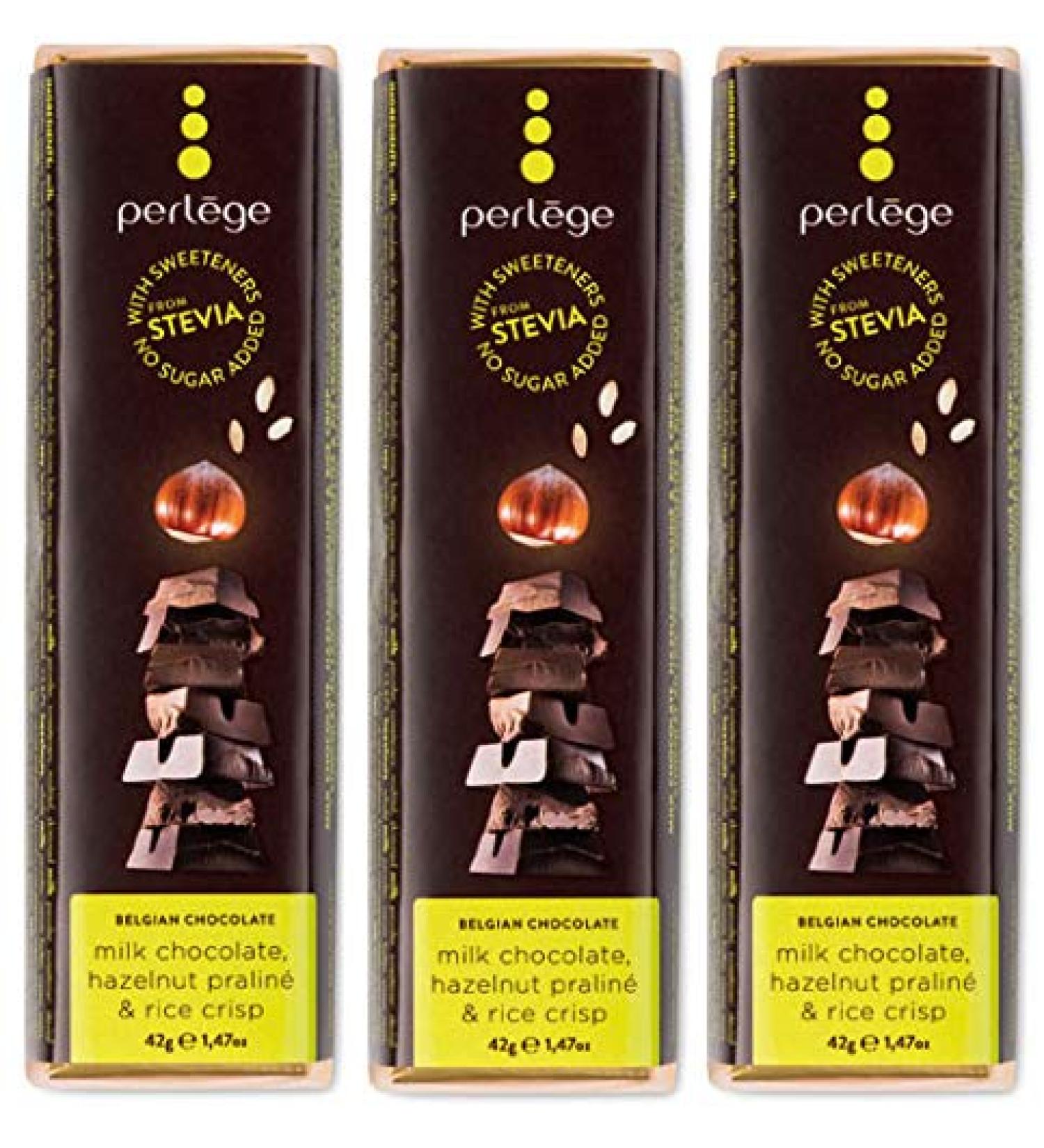 Perlege Perlege Pack of 3 sugar-free chocolate bars with stevia 42g - Milk chocolate hazelnut praline and crispy rice