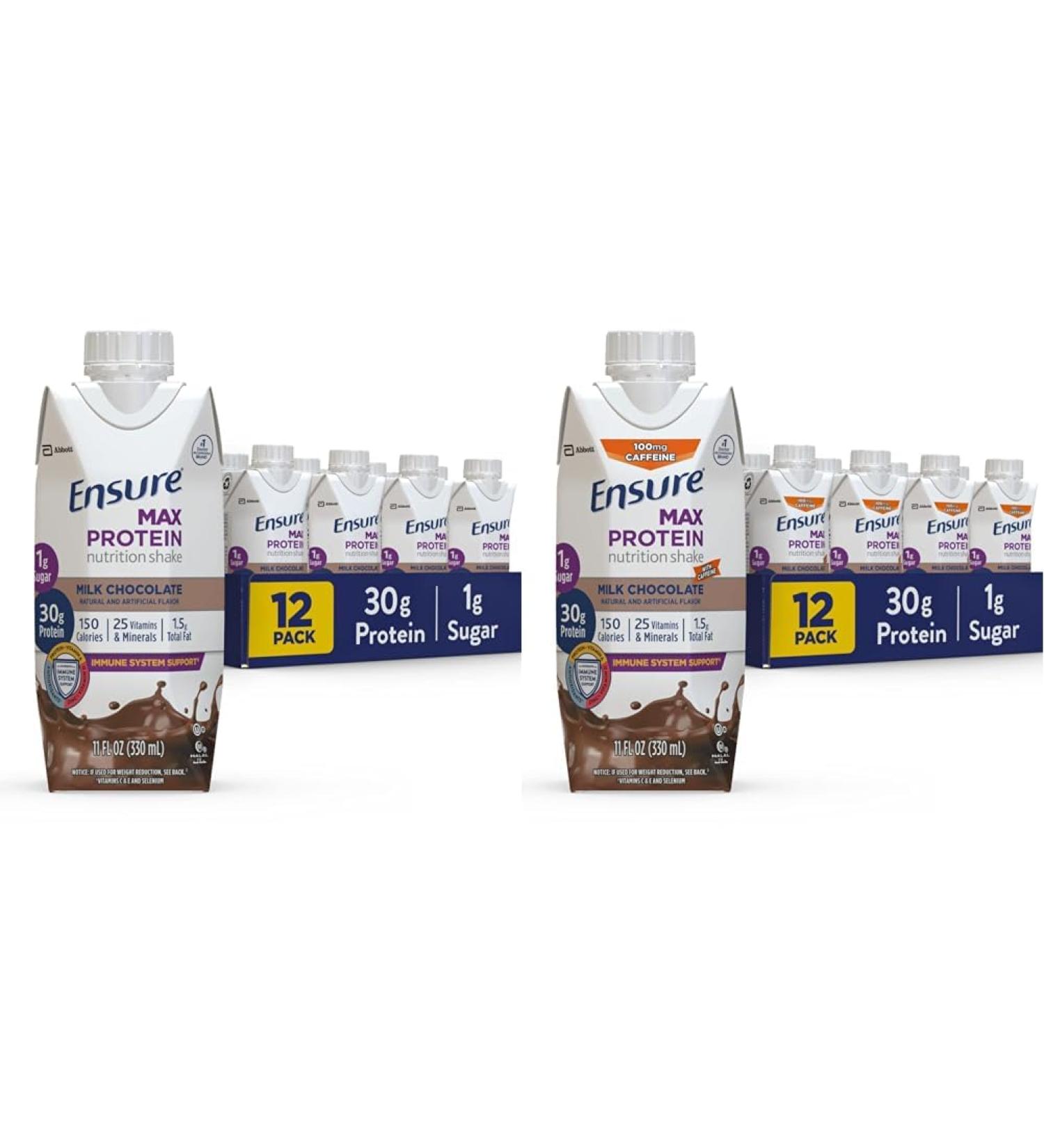 Ensure Max Protein Nutrition Shake with 30g of Protein & Max High Protein Nutrition Shake Milk with 30g of Protein 1g of Sugar Chocolate w/Caffeine 11 Fl Oz (Pack of 12) - Buy Online on GoSupps.com