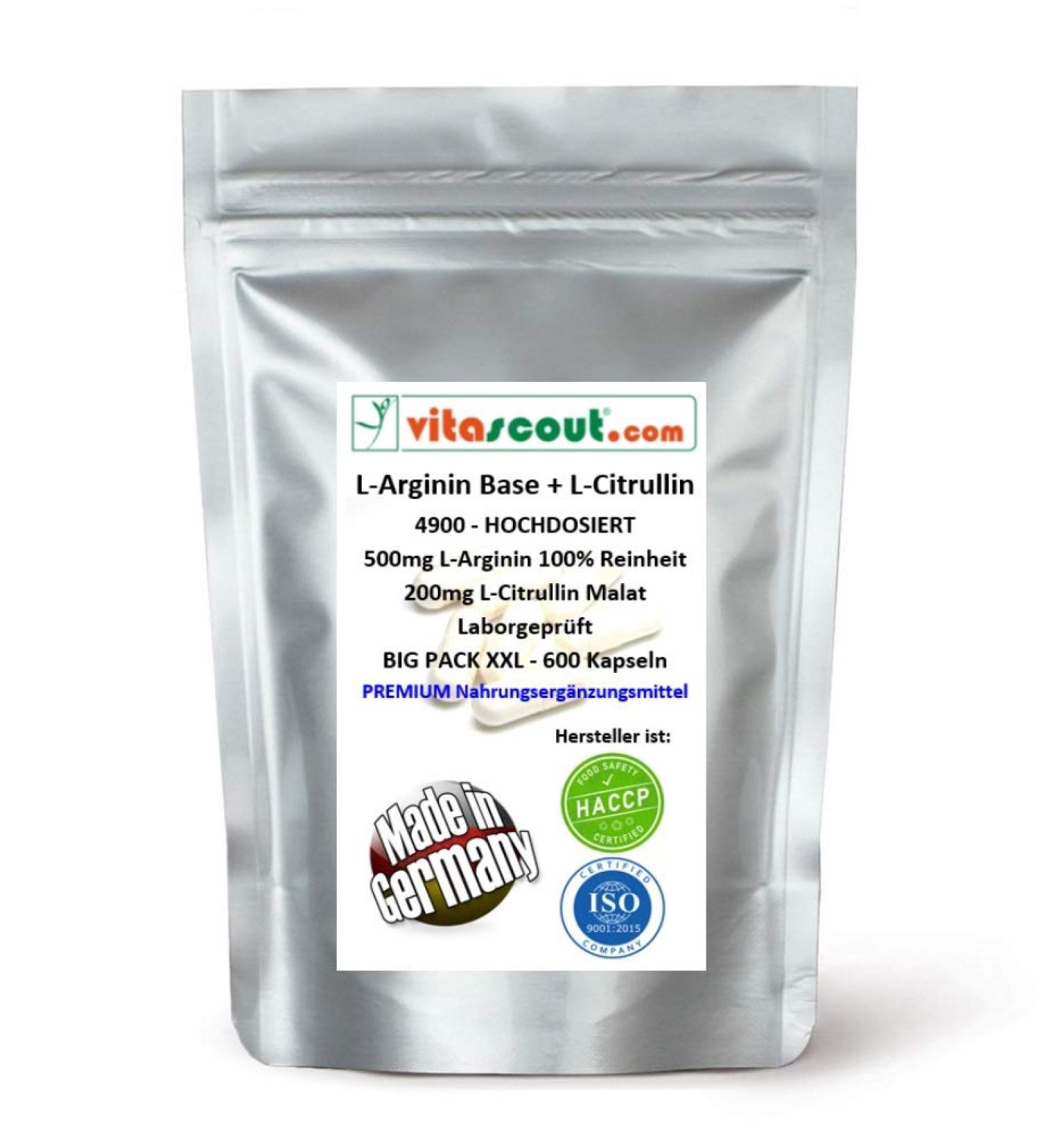 L-Arginine Base + L-Citrulline 4900 II - 600 Vegetable Capsules | 100% Pure High Dose Best Mixing Ratio No Magnesium Stearate | Made in Germany - Vitascout  - Buy Online on GoSupps.com