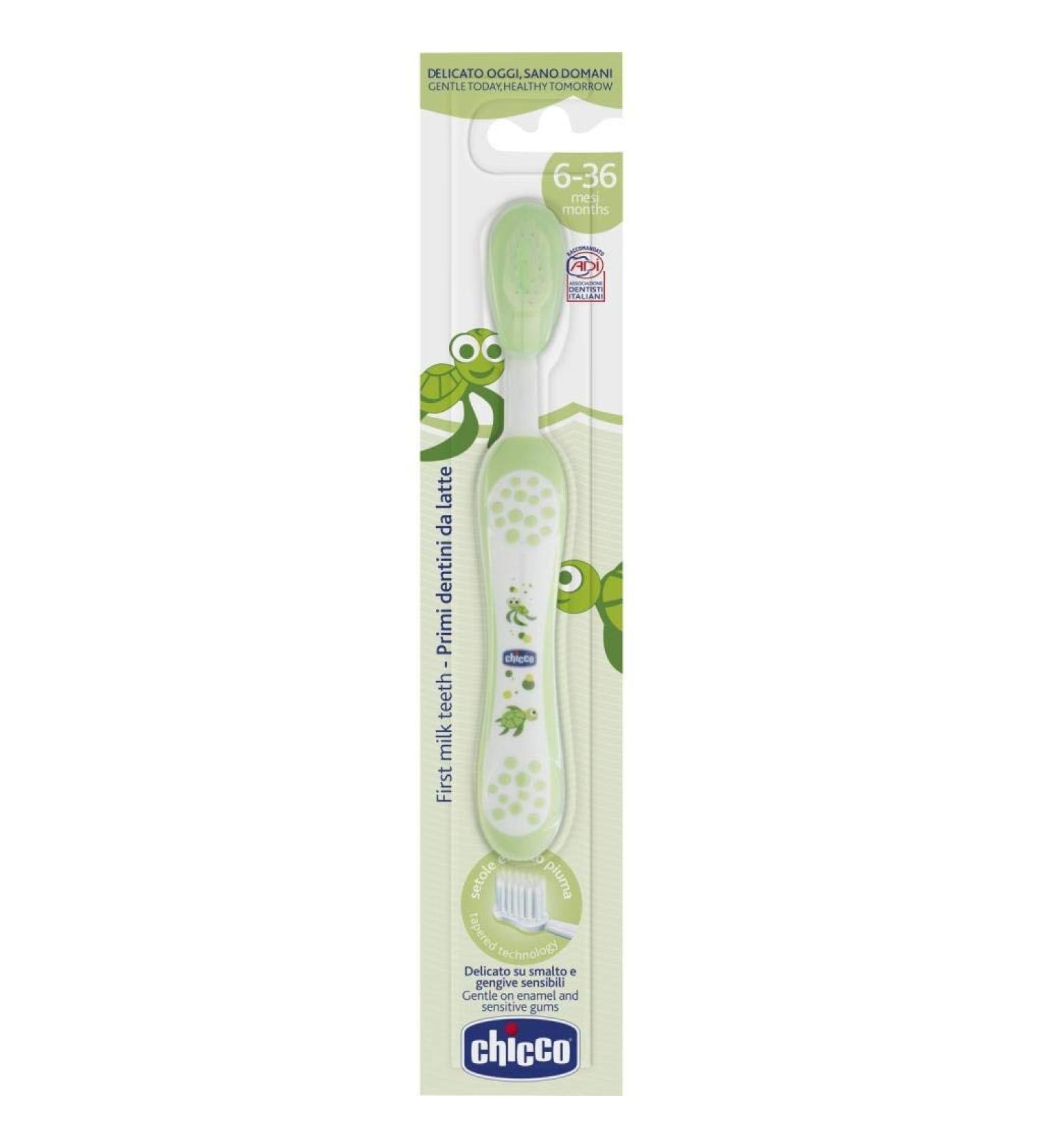 Chicco children toothbrush with shaped and rounded head baby toothbrush with super soft bristles gently to gums and teeth including protective cover gift for newborns 6-36 months green