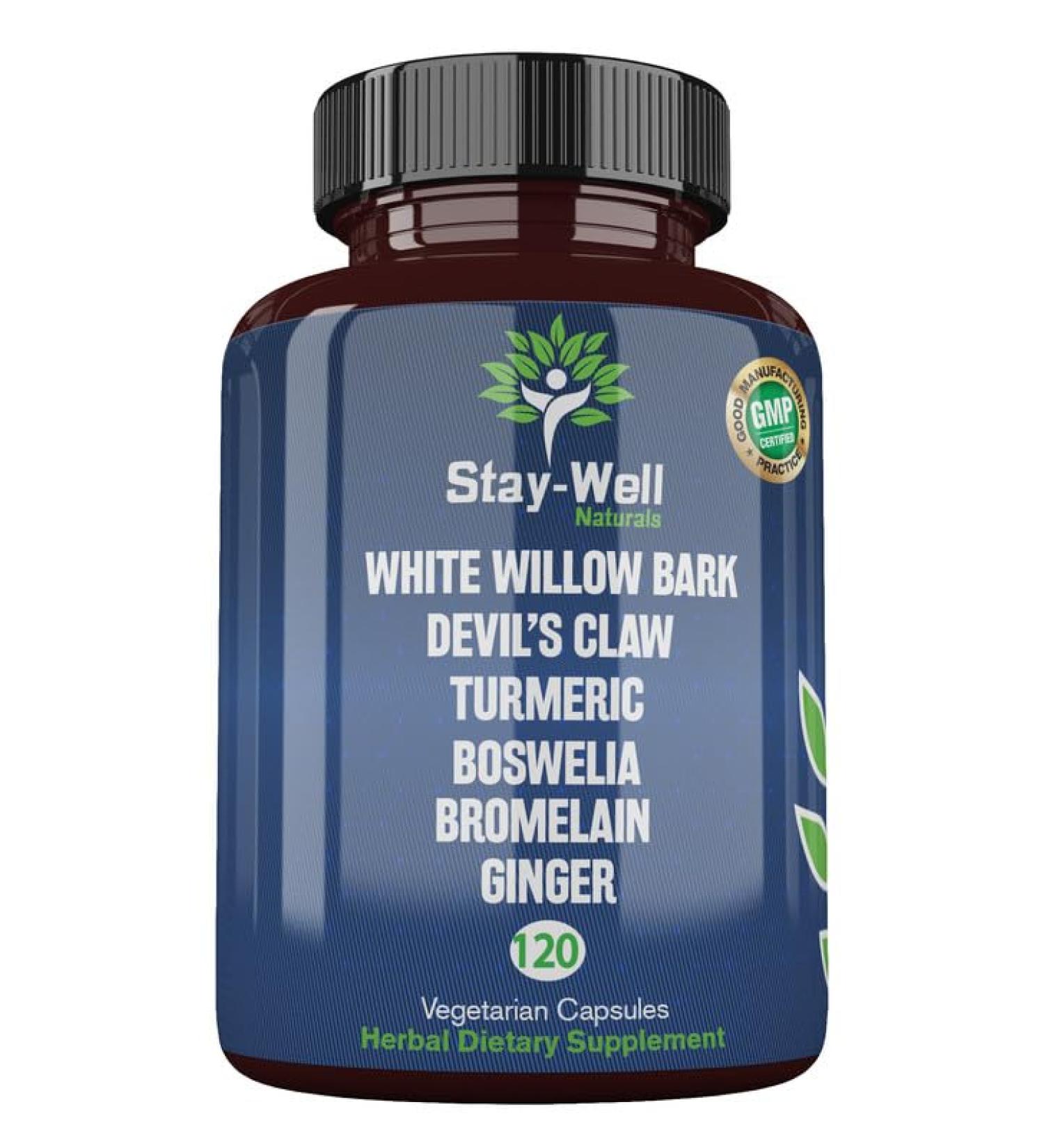 Stay-Well Naturals Pain Relief- White Willow Bark Extract Devil's Claw Turmeric Boswellia Bromelain and Ginger Premium Extract Blend- 120ct - Buy Online on GoSupps.com