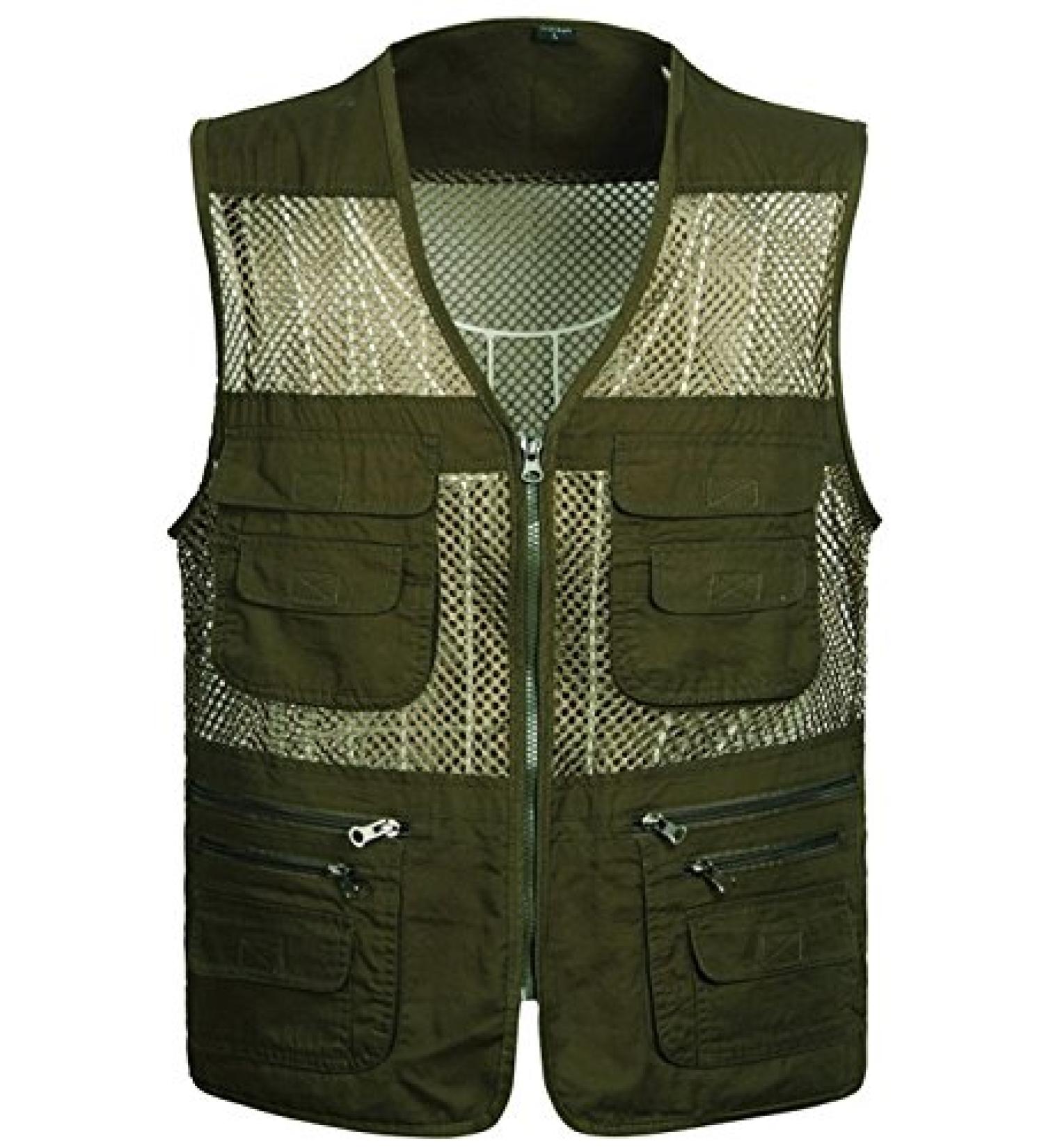 Flygo Men's Summer Mesh Fishing Vest Photography Work Multi-Pockets Outdoors Journalist's Vest Sleeveless Jacket Large Army Green