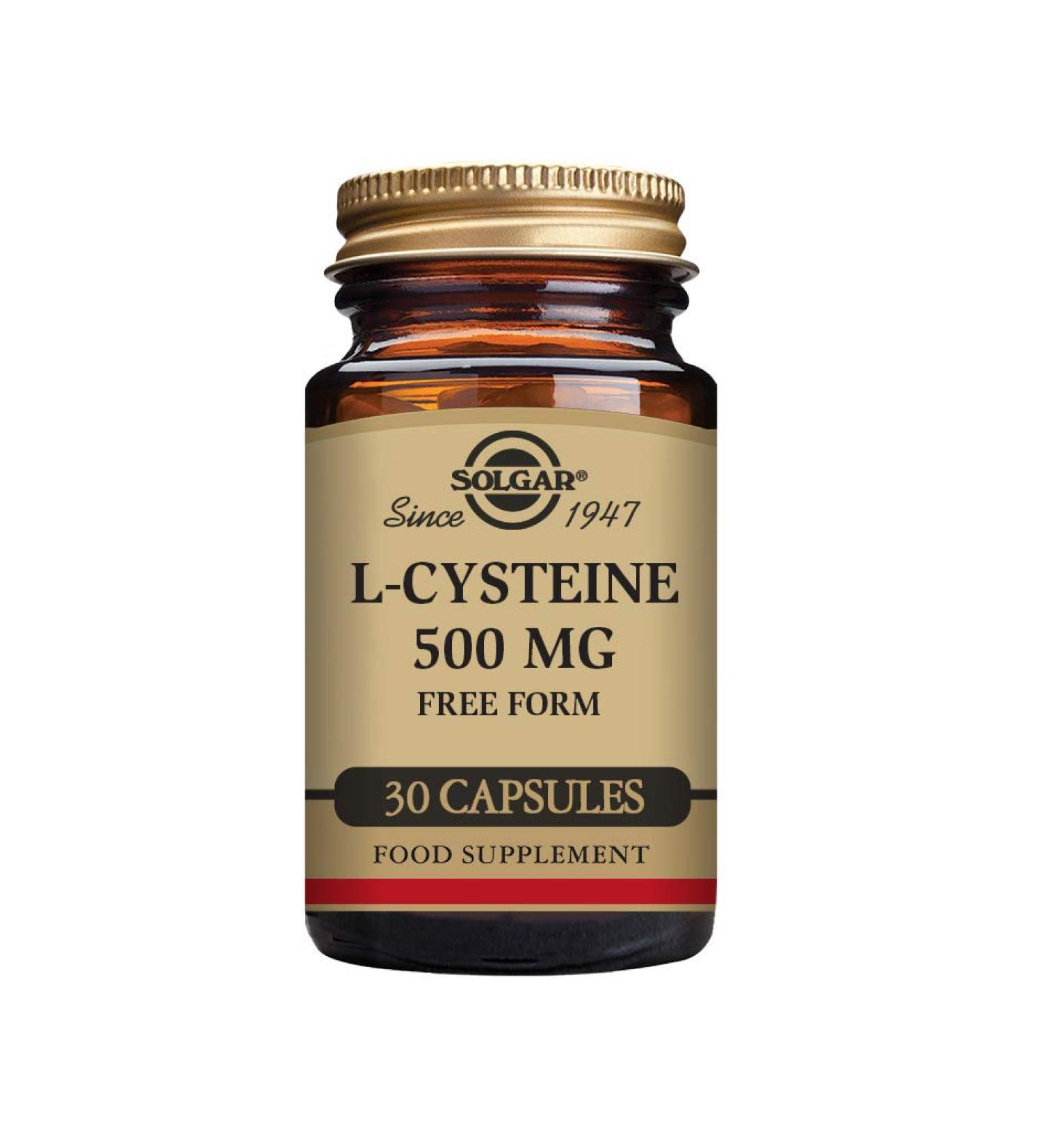 Solgar L-Cysteine 500 mg Vegetable Capsules - Pack of 30 - Metabolism Support - Amino Acid Supplement for Skin Hair and Nails - Vegan Gluten Free and Kosher - Buy Online on GoSupps.com