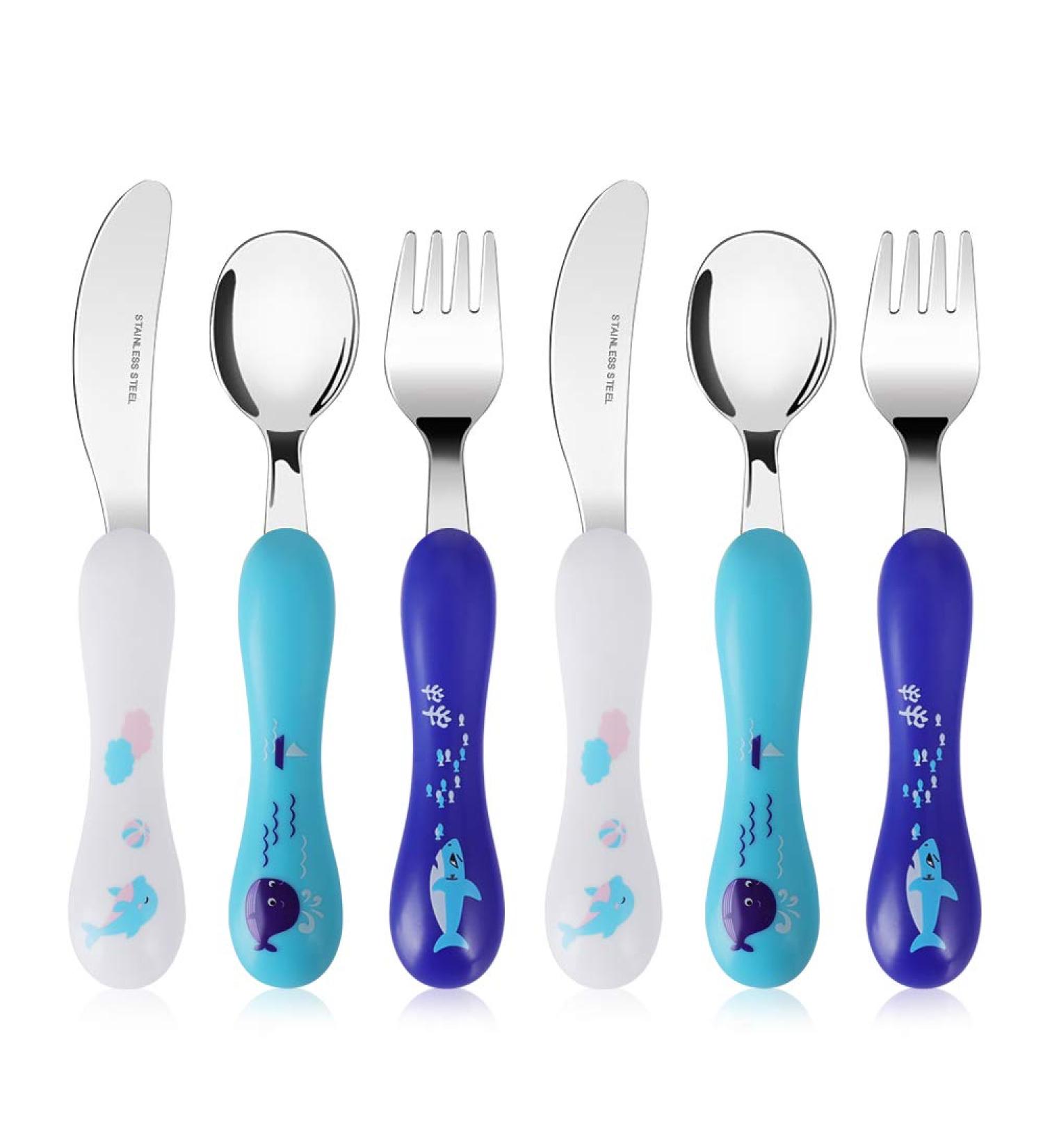 Lehoo Castle Ocean Animals Childrens Cutlery Set - 6 Pcs Stainless Steel Toddler Utensils - Kids Knife, Fork, Spoon - Blue - Buy Online on GoSupps.com