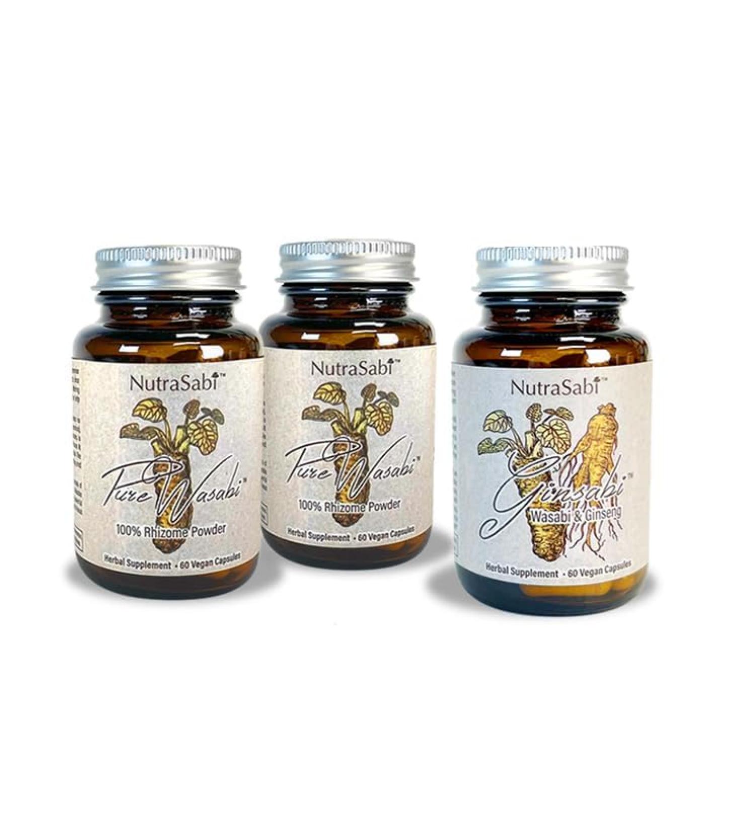 NutraSabi Wellness Capsule Bundle - Save $80 w/ 2 Jars PureSabi Wasabi Rhizome and 1 Jar GinSabi Ginseng & Wasabi Capsules Ancient Vegan Superfoods Supplements Plant-Based Wellness Support