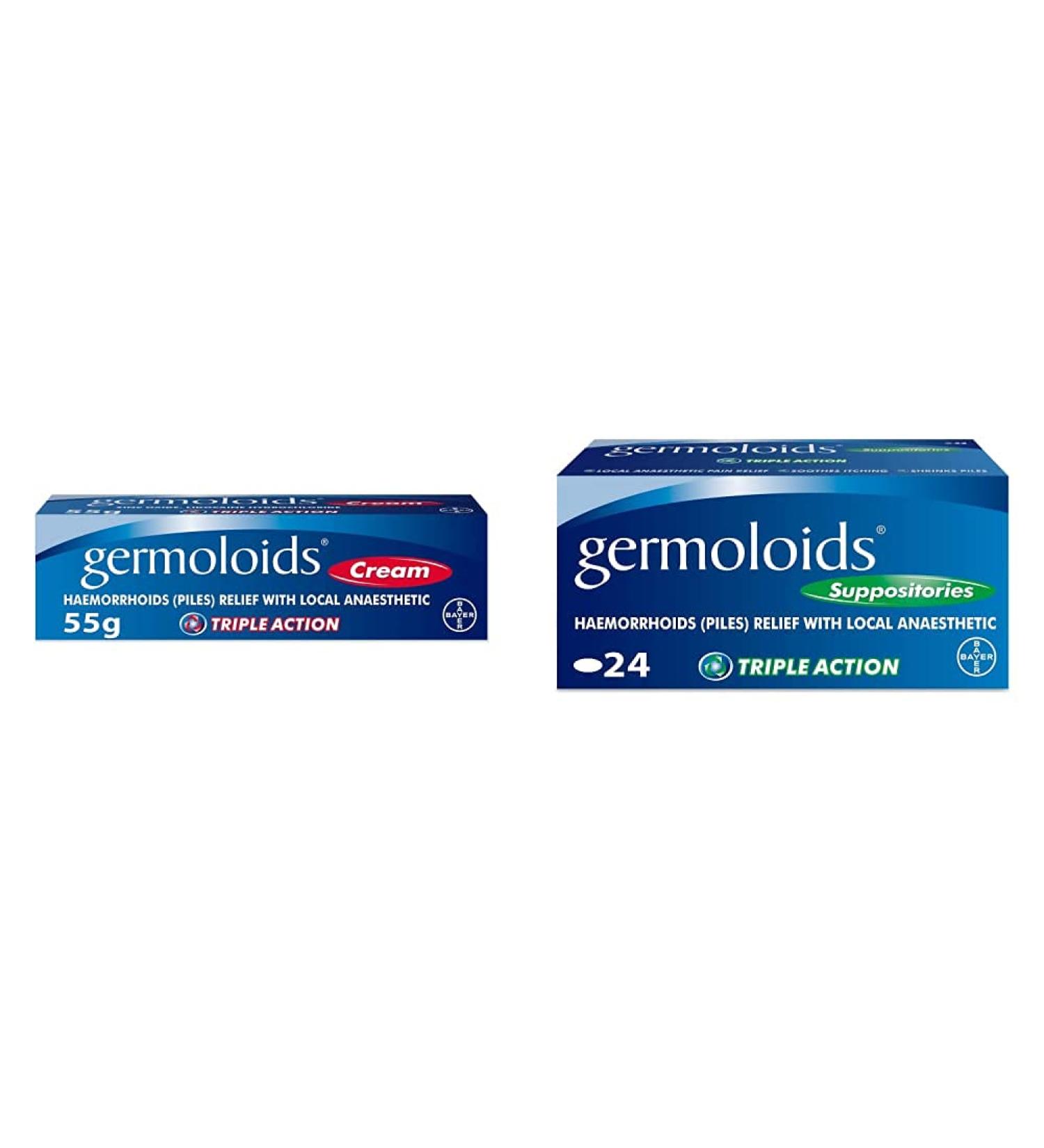 Germoloids Hemorrhoid Cream Piles Treatment with Anaesthetic to Numb The Pain & Itch 55 g Pack of 1 with Piles Treatment Suppositories Triple Action with Anaesthetic to Numb The Pain & Itch 55 g - Buy Online on GoSupps.com