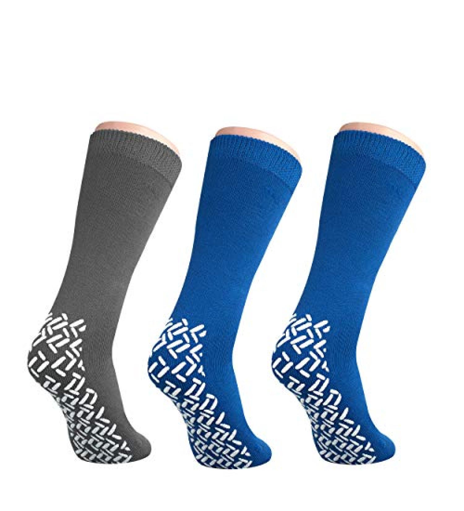 Nobles Health Care XXXL Wide Non-Skid Slipper Socks - Pack of 3 Pairs for Swollen Feet & Diabetes - Grey & Royal Blue - Buy Online on GoSupps.com