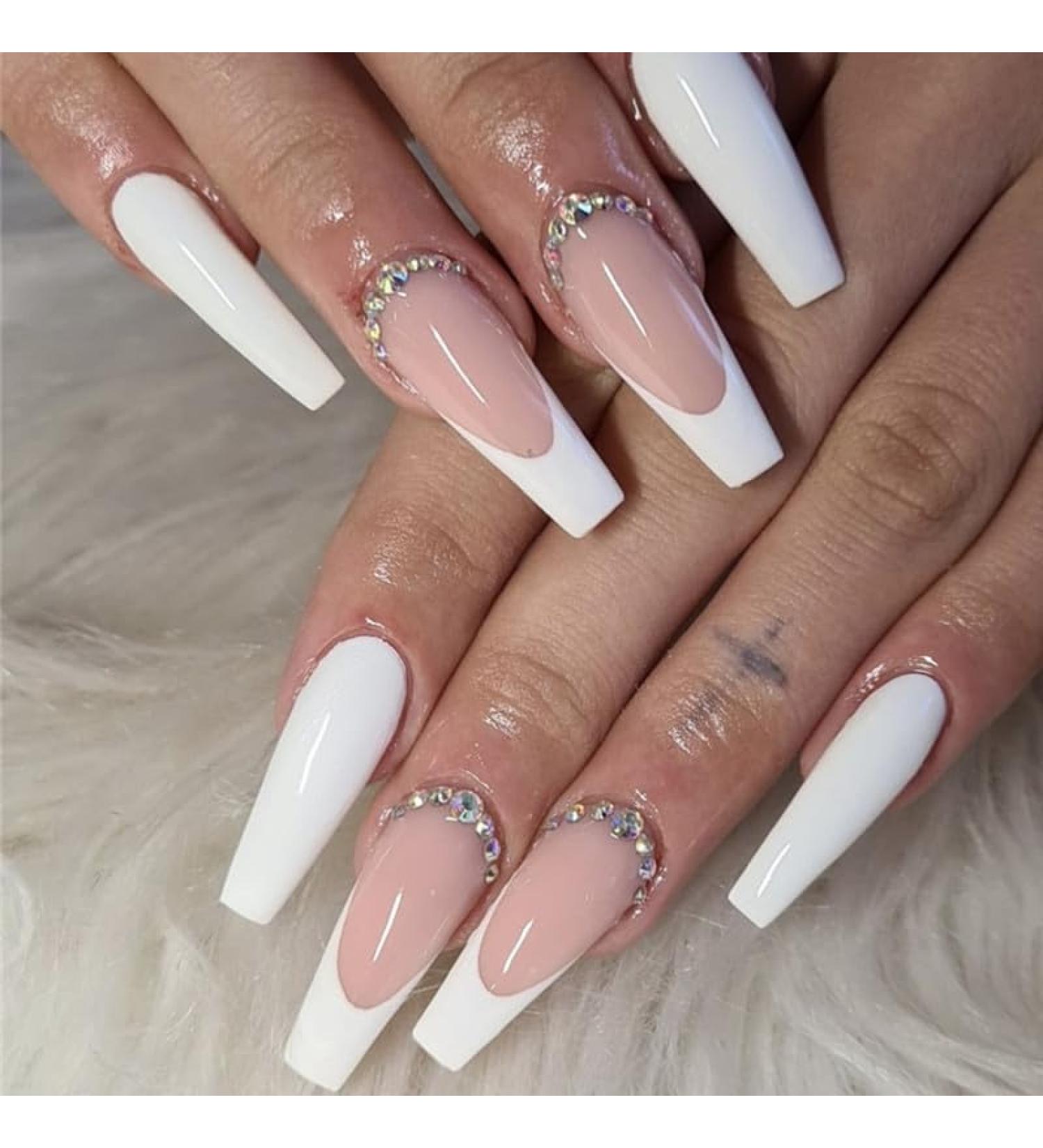 24Pcs Press on Nails Long Square French Tips Fake Nails Acrylic Square False Nails Reusable Artificial Nails for Women Girls