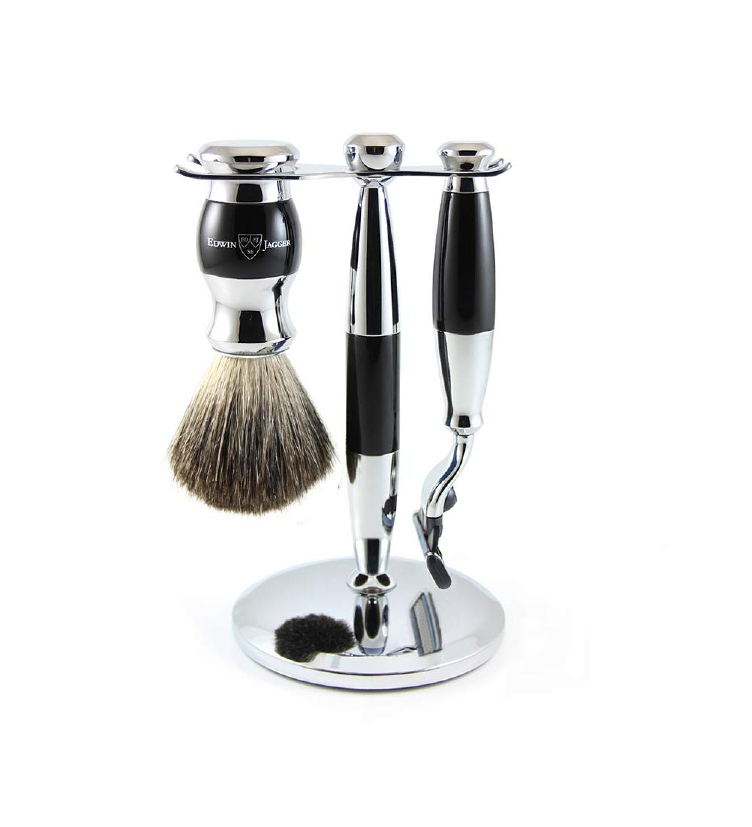 Edwin Jagger 36 Series Ebony Shaving Set - Pure Badger Hair Brush & Mach3 Compatible - Buy Online on GoSupps.com